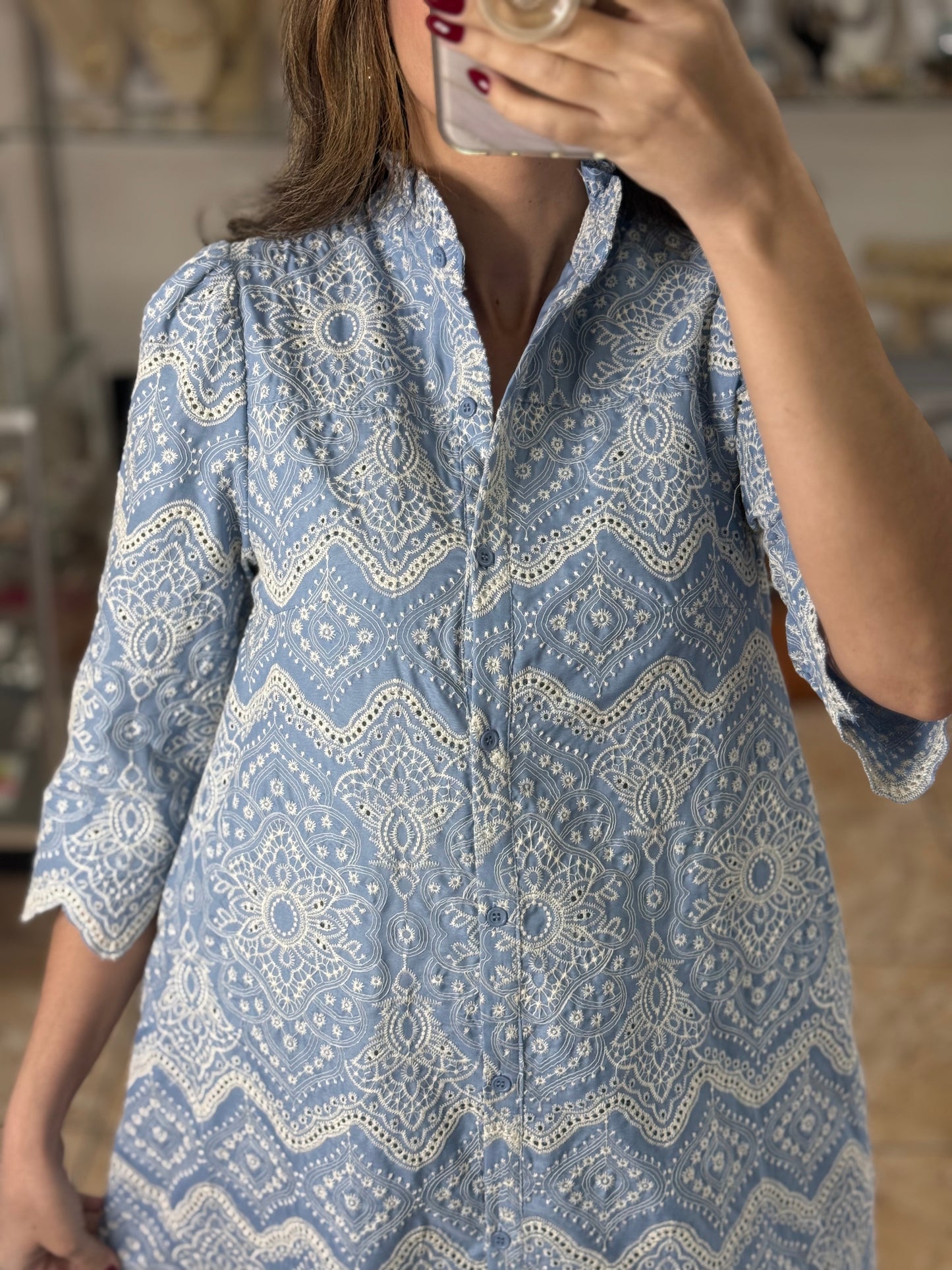 Blue Embroidered Eyelet Midi Dress