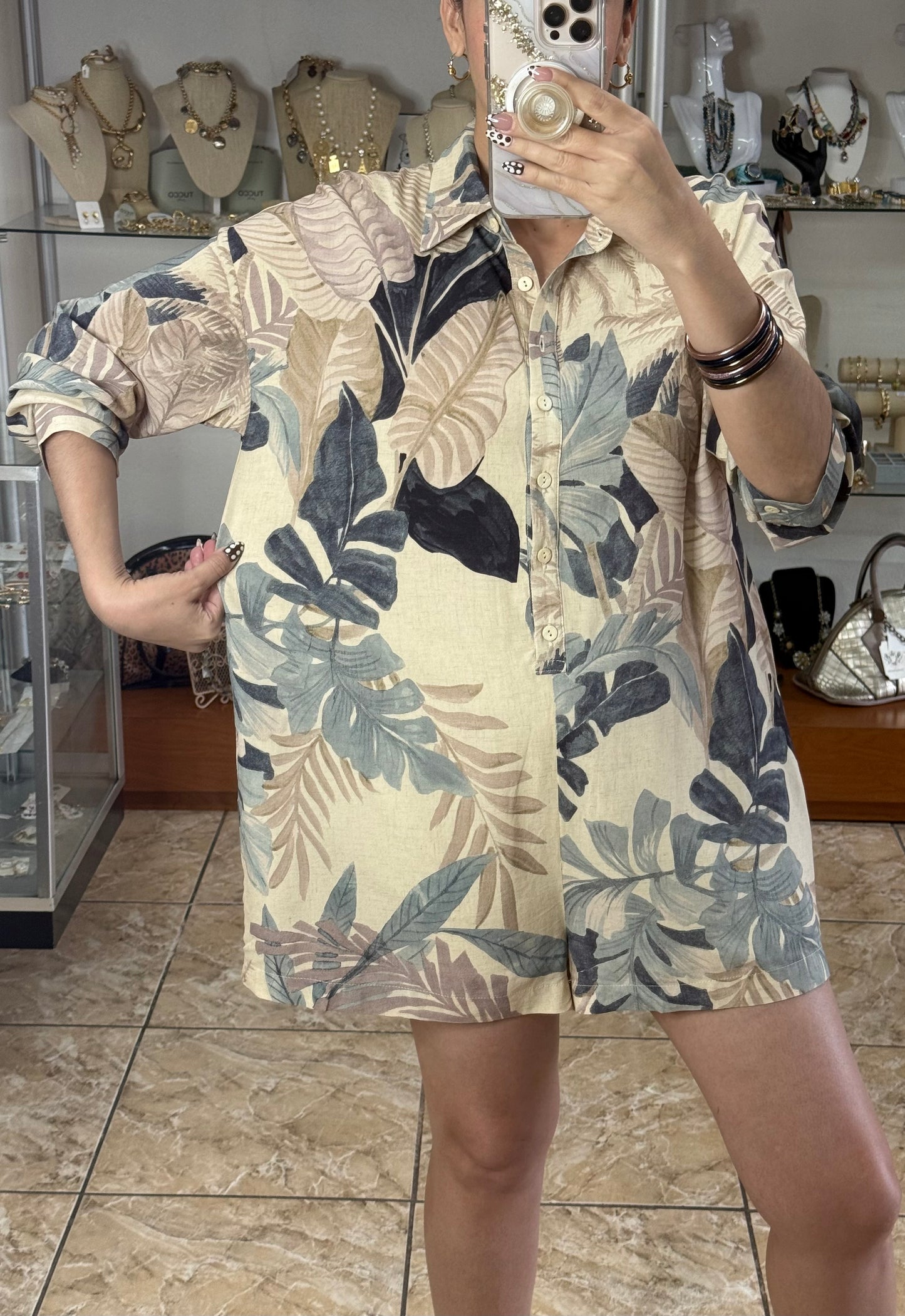 Beige/Blue Leaves Romper