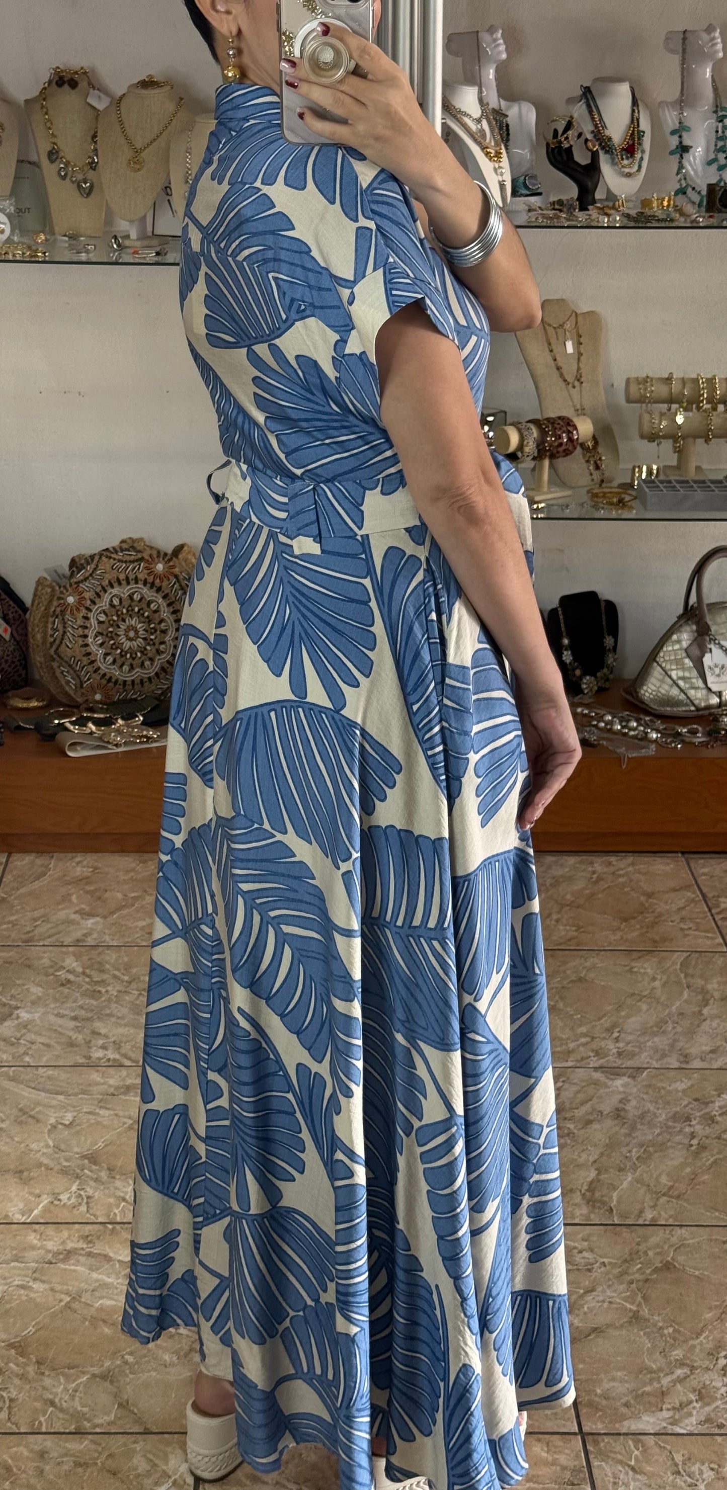 Blue Leaves Belted Maxi Dress