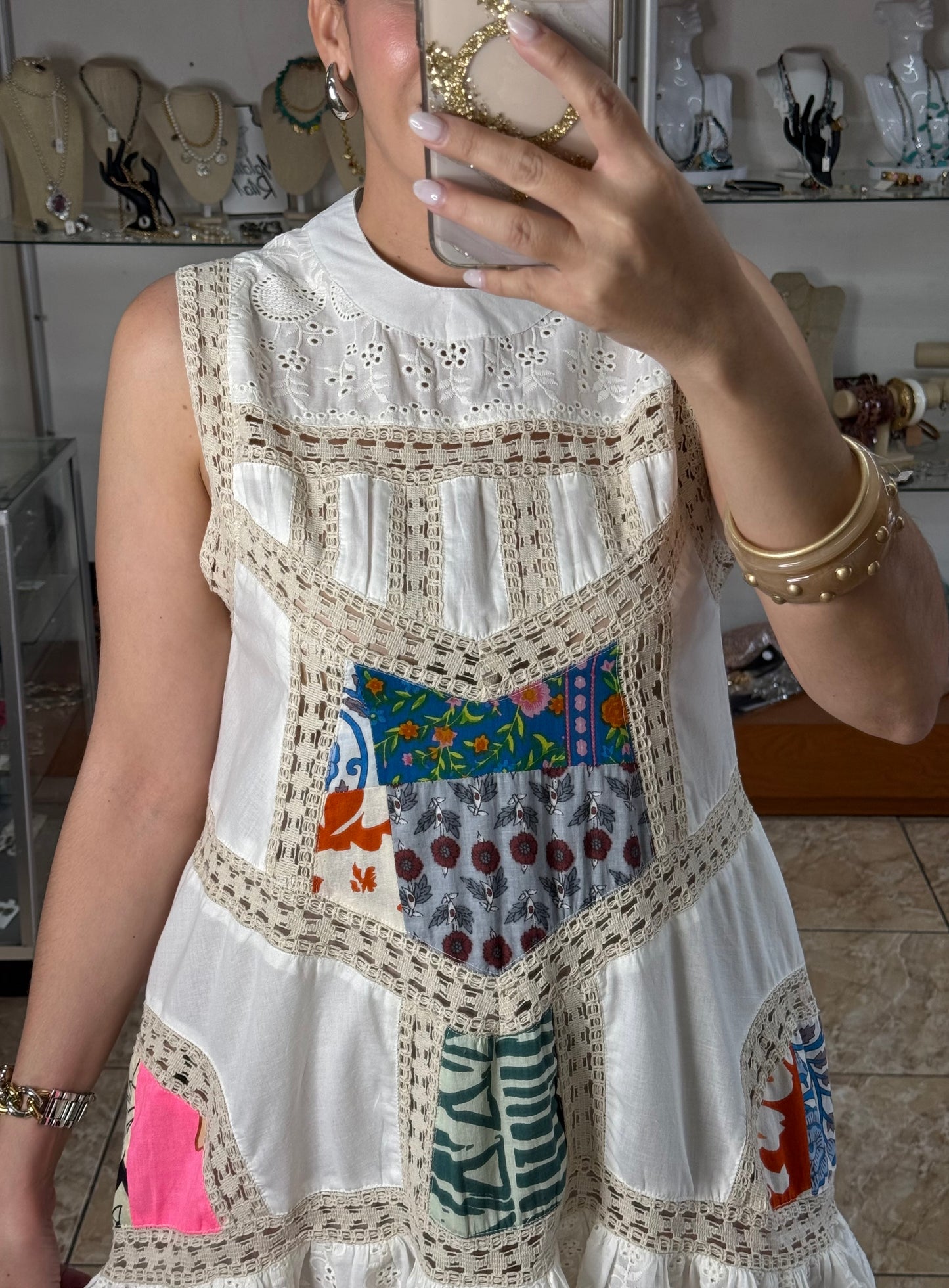 Patches and Eyelet Sleeveless Mini Dress