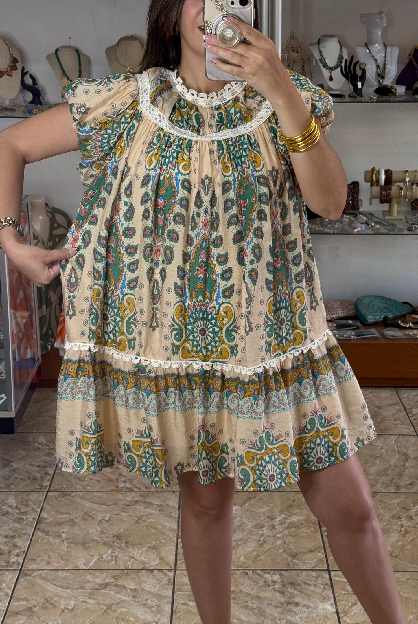 Green Mix Lace Details Mini Dress