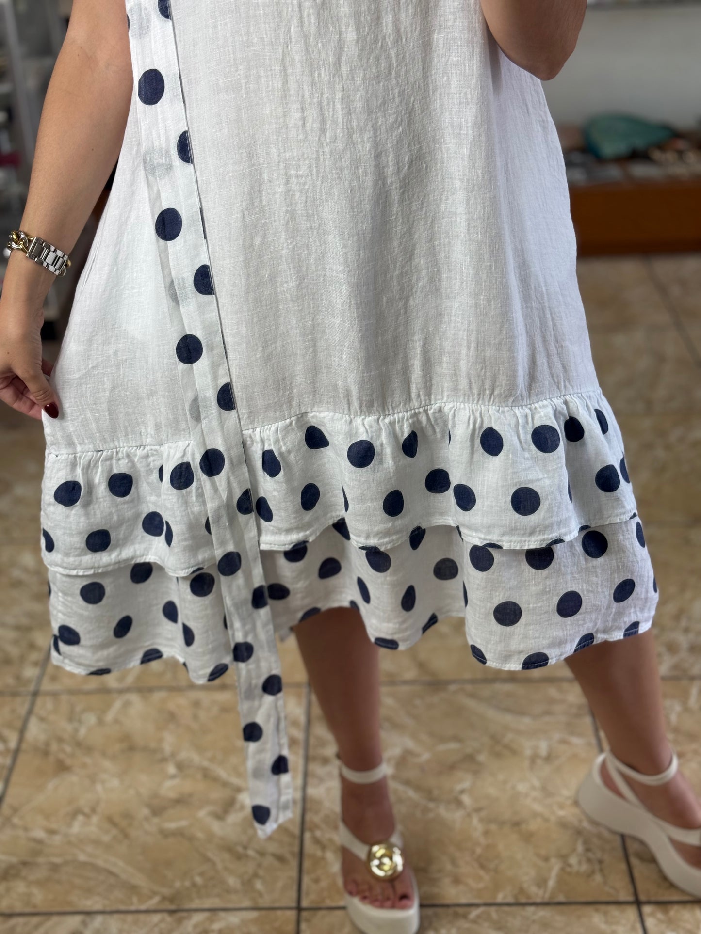 Navy Polkadots OS Linen Short Dress (NO RETURNS OR EXCHANGE)