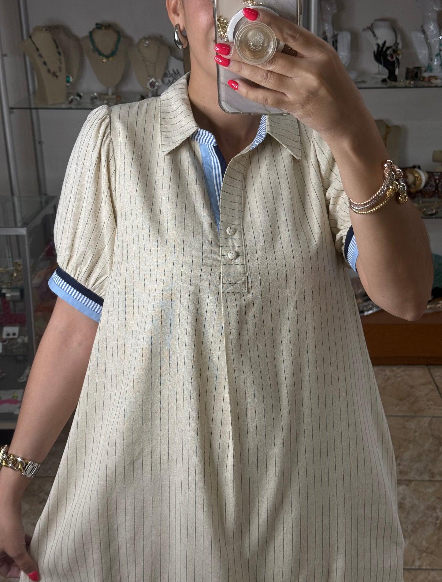Oatmeal Linen Stripes Polo Dress