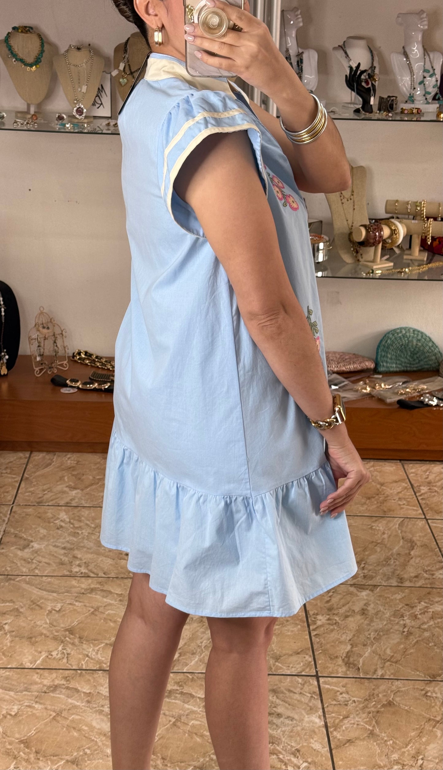 Sky Blue Floral Embroidered Mini Dress