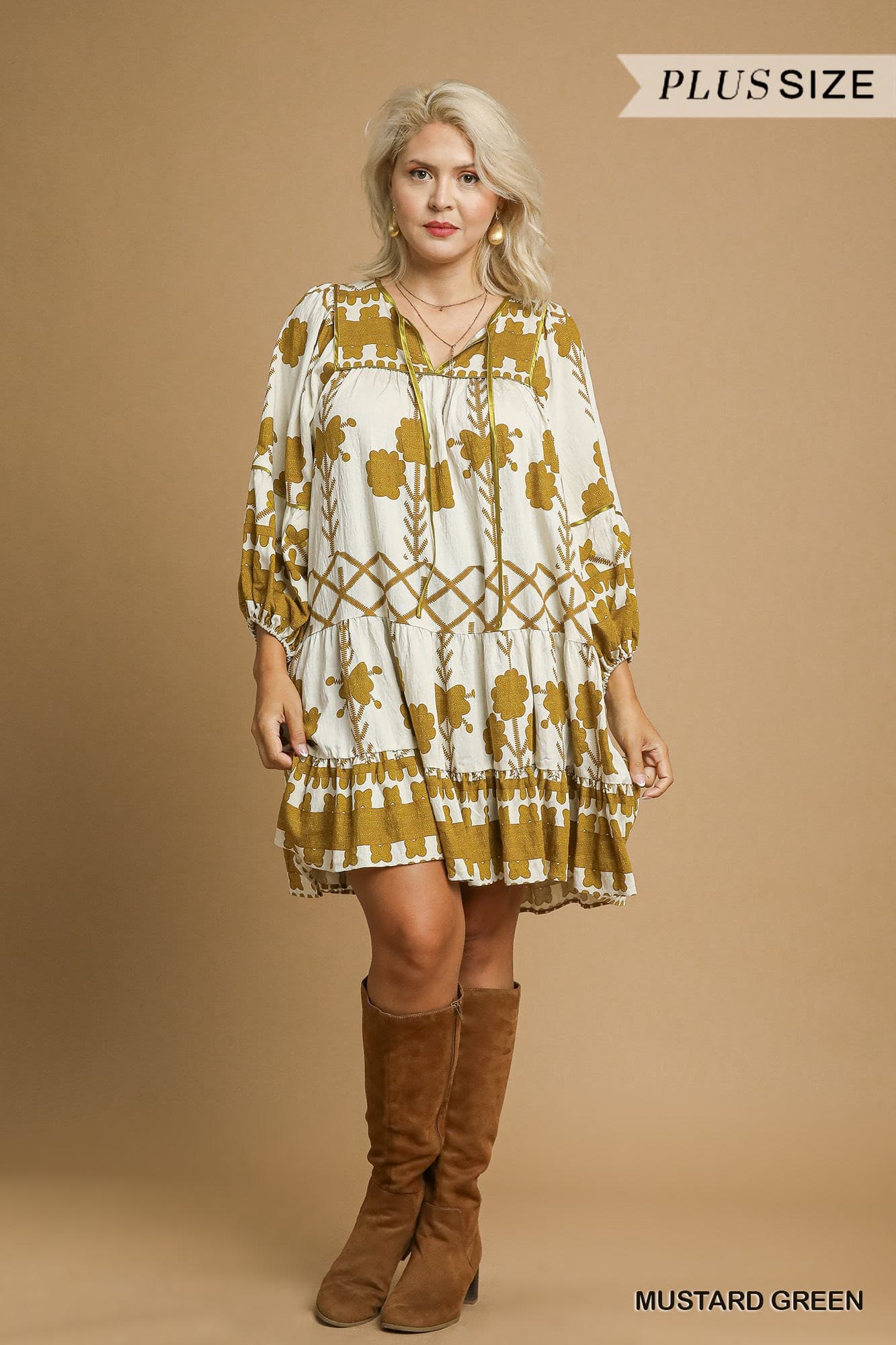 Mustard Green Tribal Print Dress (PLUS)