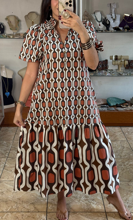 Brown Mix Puff Sleeve Midi Dress