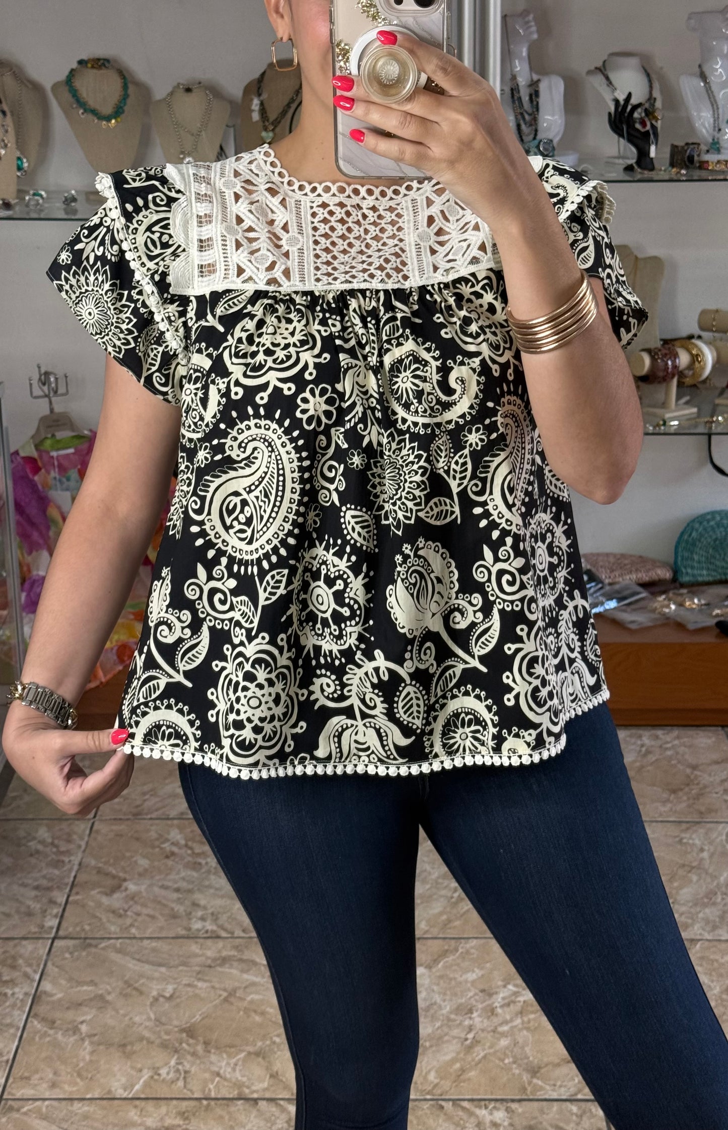 Black/Cream Paisley Top