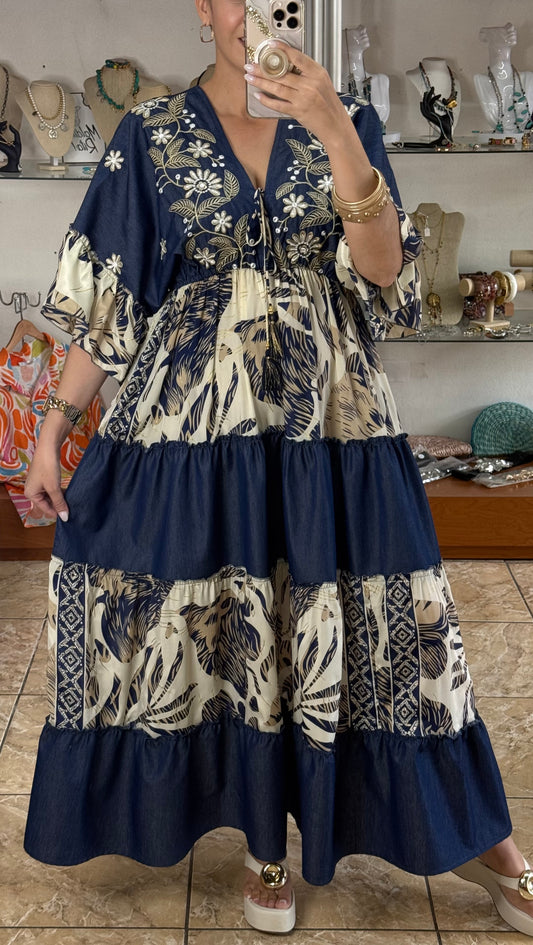 Denim Mix OS Boho Maxi Dress (NO RETURNS OR EXCHANGE)