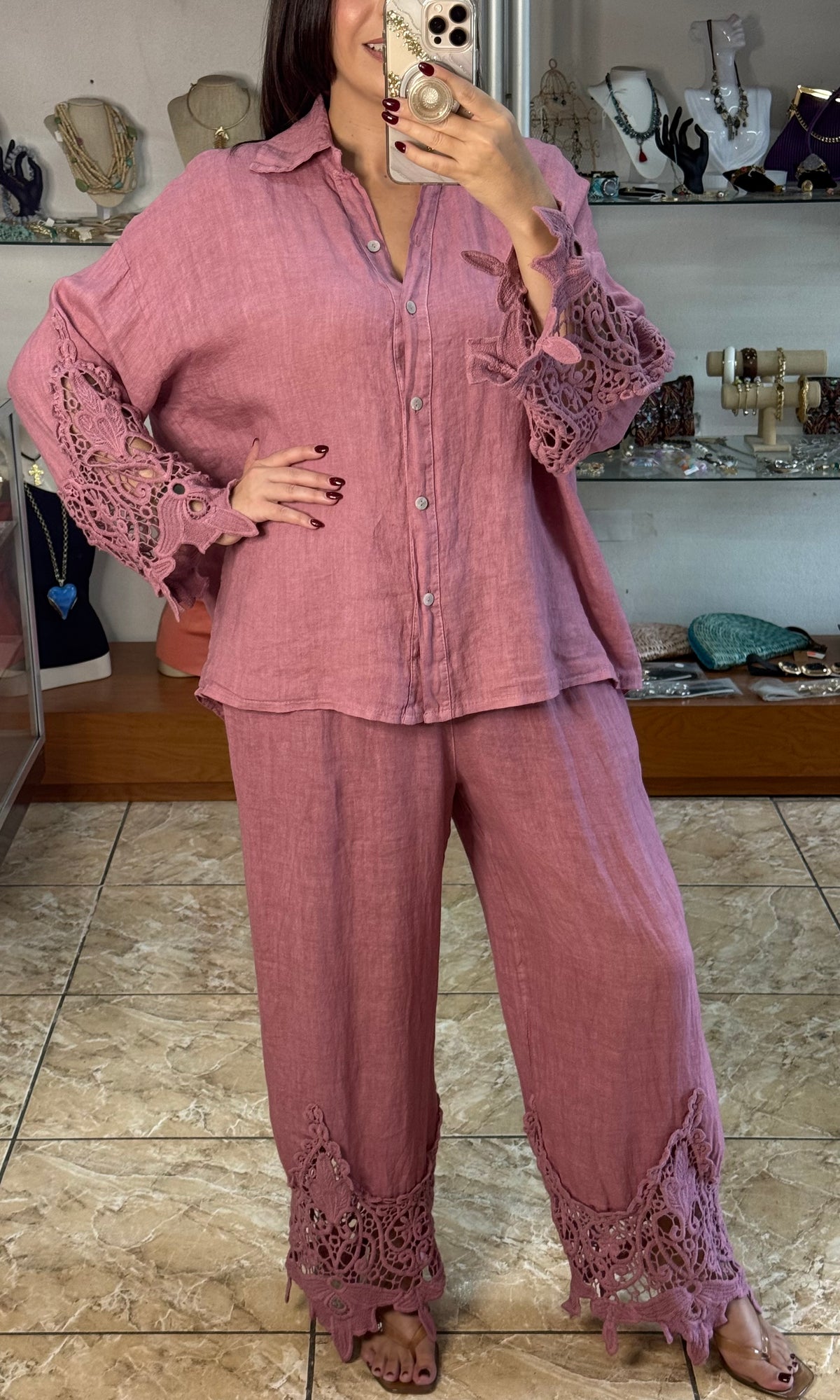 Aura Scalloped Lace/Linen Set (NO RETURNS OR EXCHANGE)