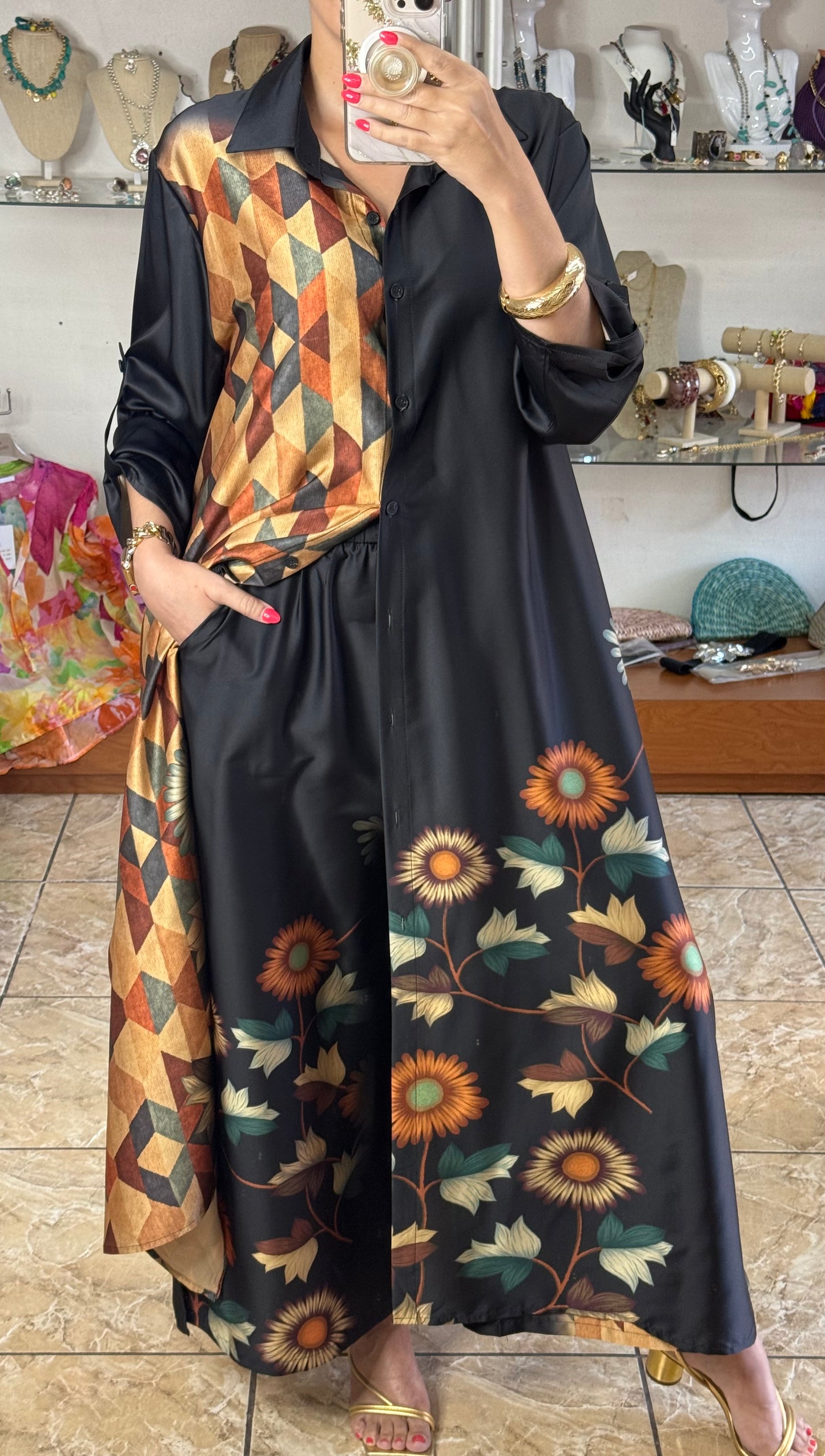 Mix Print OS Silk Top/Dress & Pant Set (NO RETURNS OR EXCHANGE)