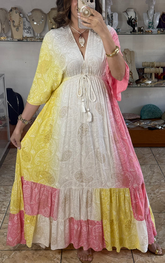 Paisley Yellow/Pink OS Maxi Boho Dress (NO RETURNS OR EXCHANGE)