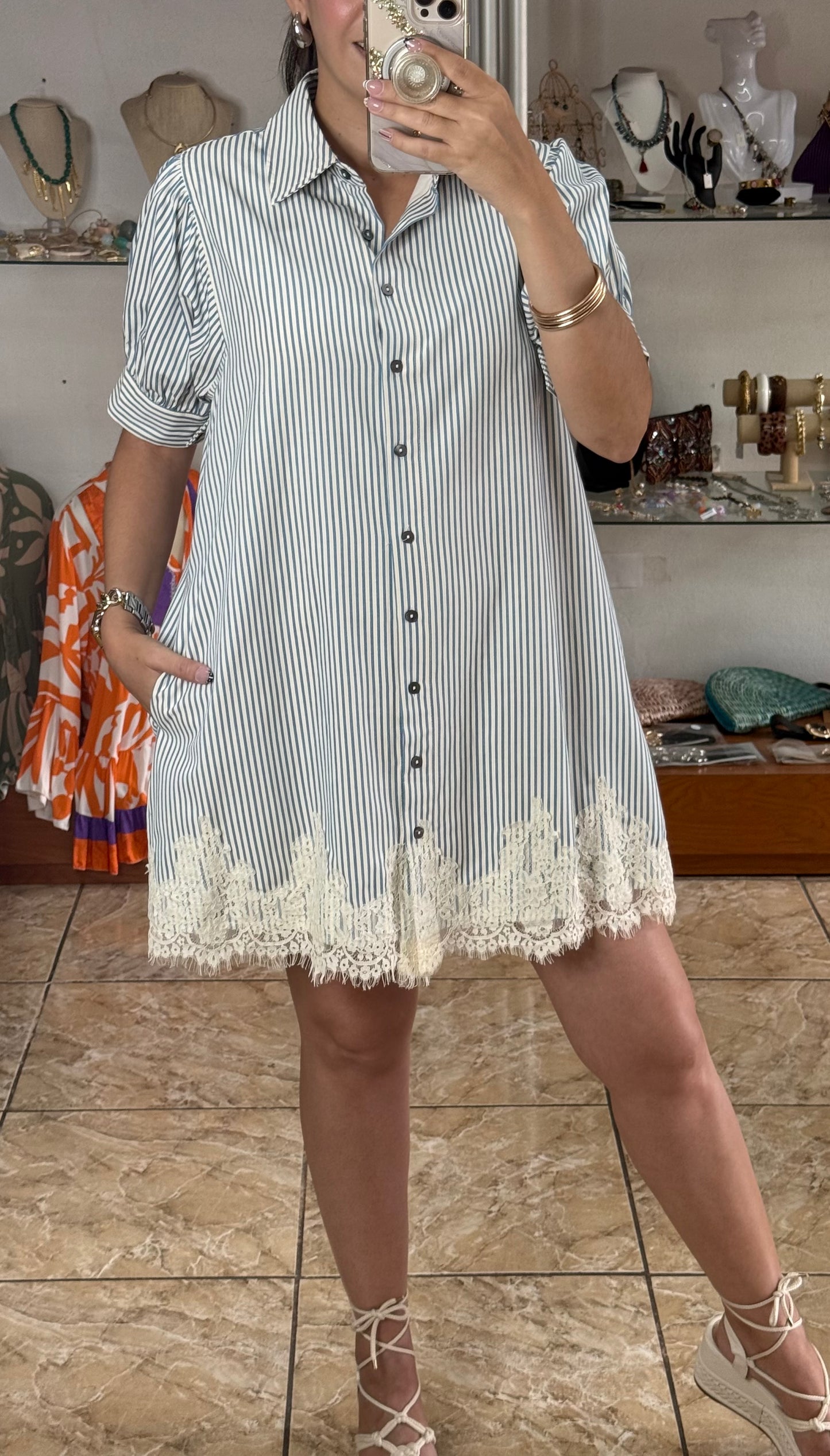 Chambray Stripes/Lace Mini Dress