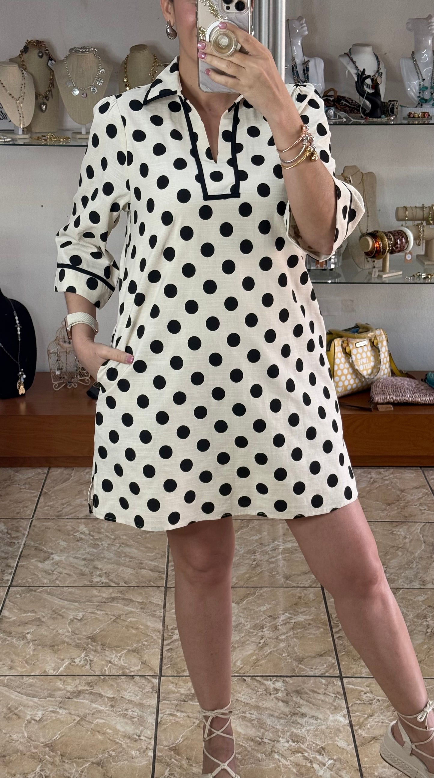 Black/Cream Polkadots Mini Dress