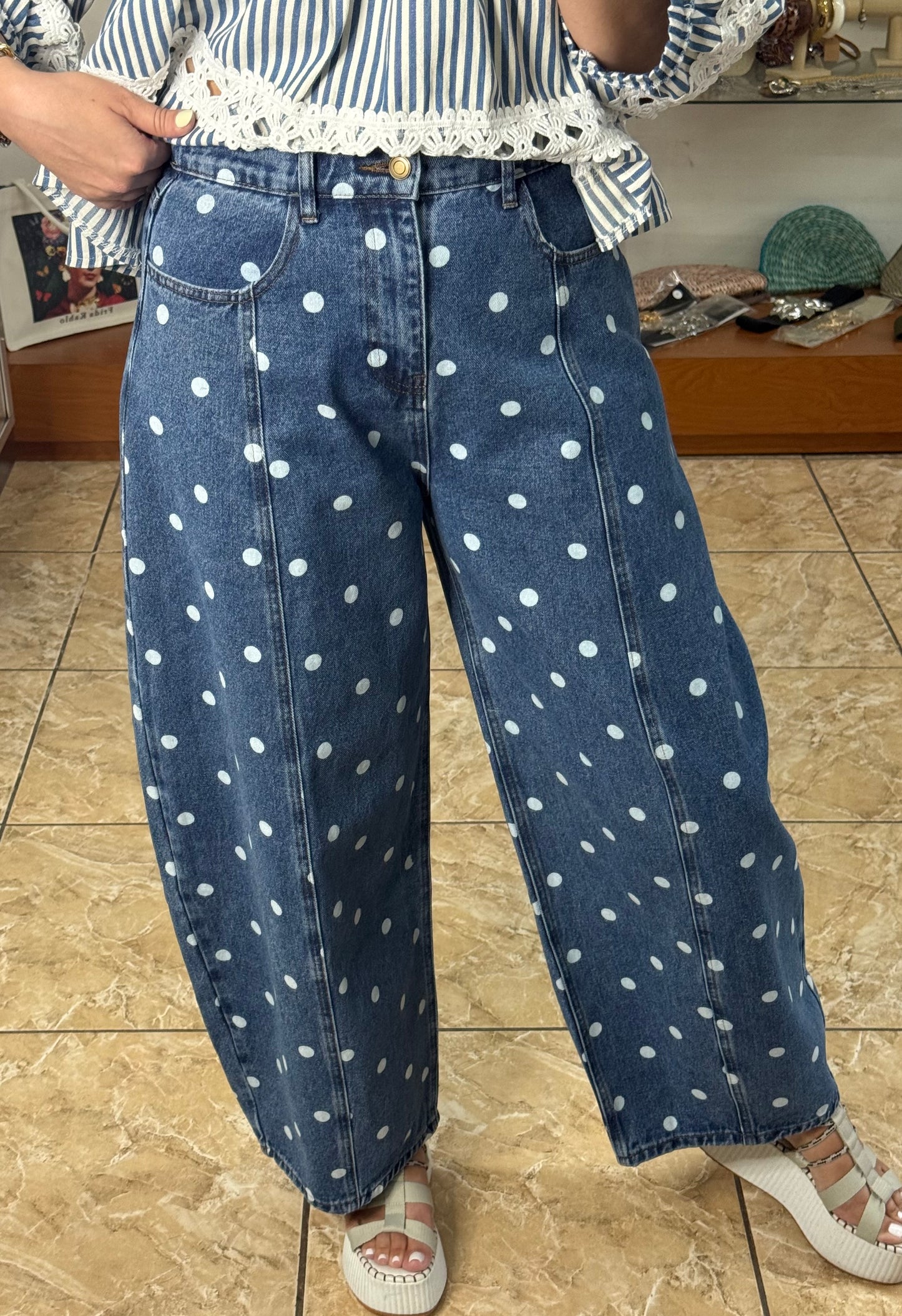 Barrel Style Polkadot Denim Pant