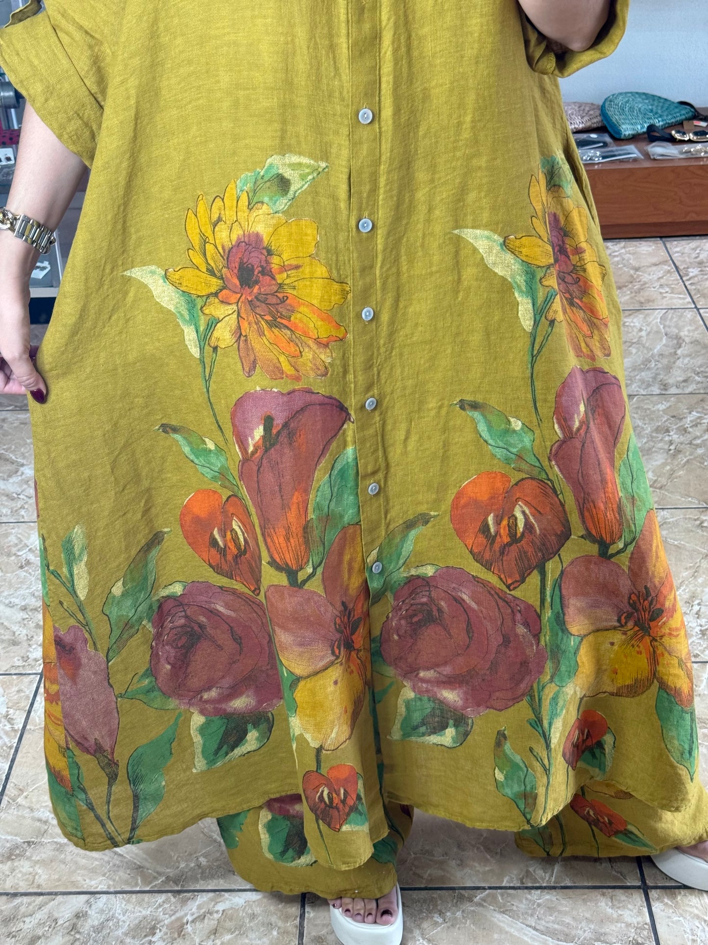 OS Shirt Dress & Pant Floral Linen Set (NO RETURNS OR EXCHANGE)