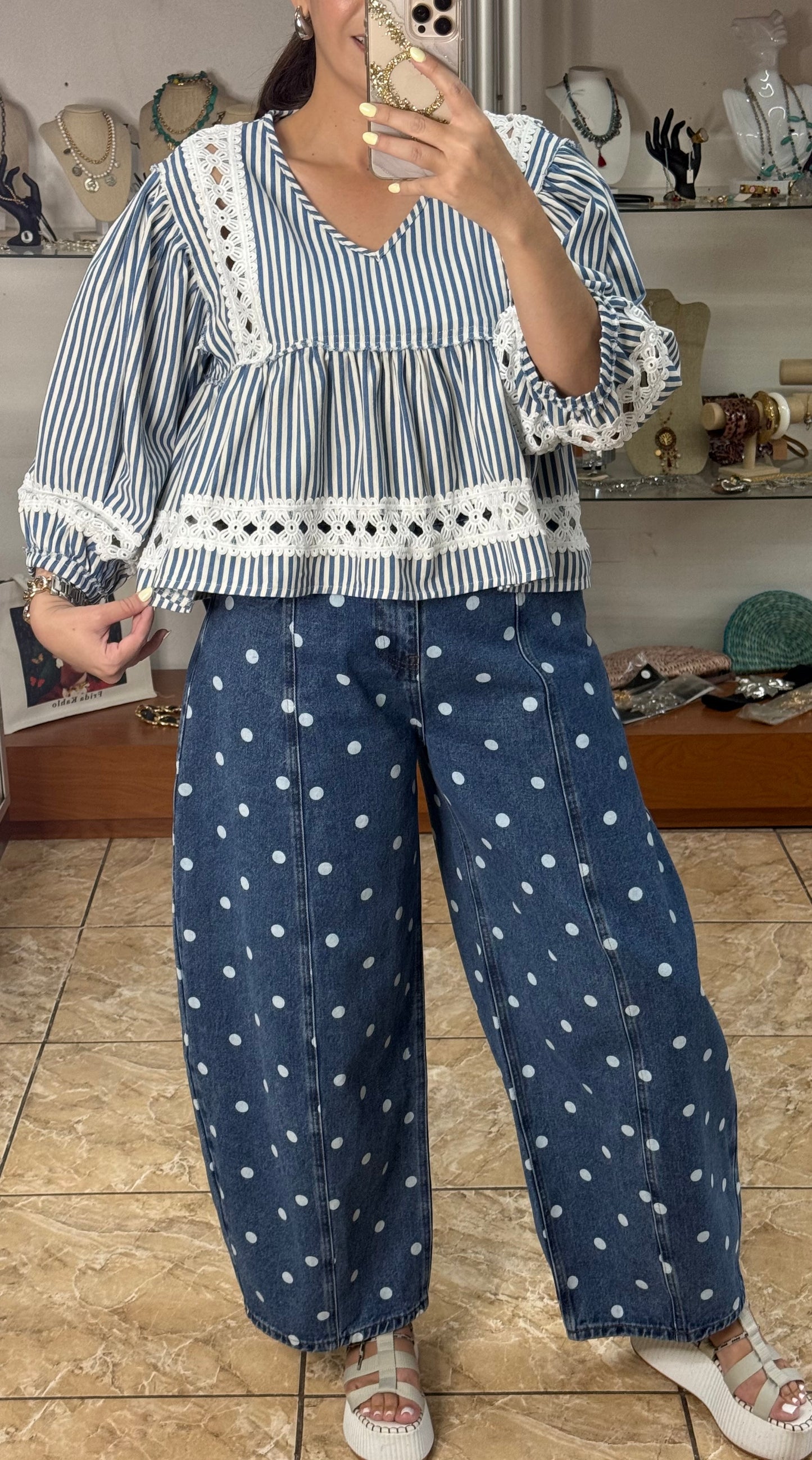 Barrel Style Polkadot Denim Pant