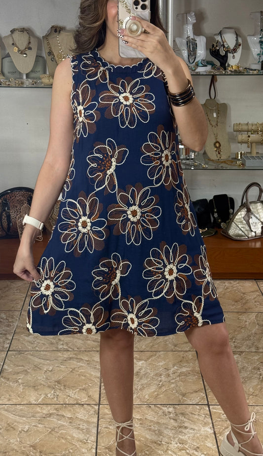 Navy Floral Embroidered Dress