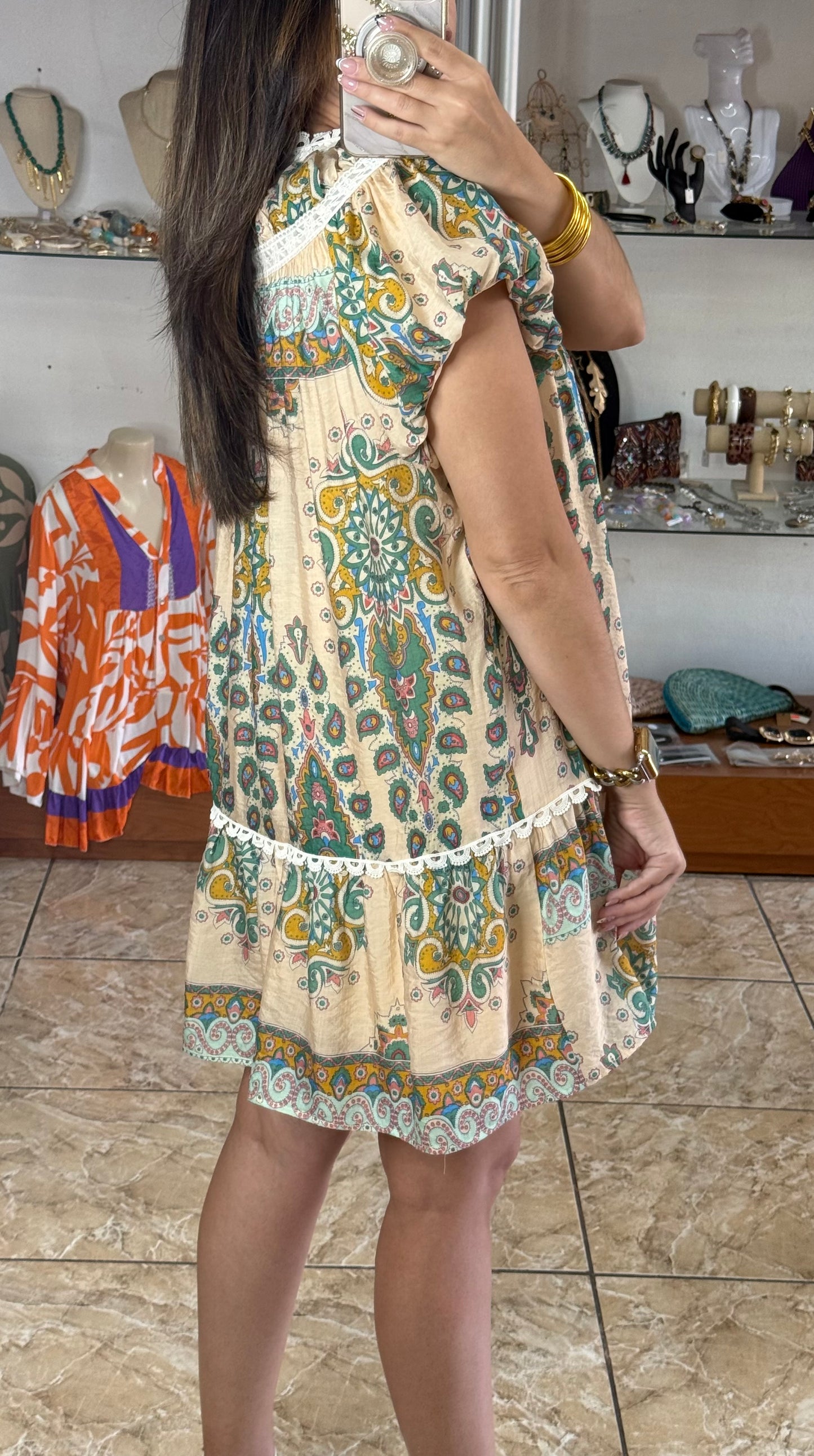 Green Mix Lace Details Mini Dress