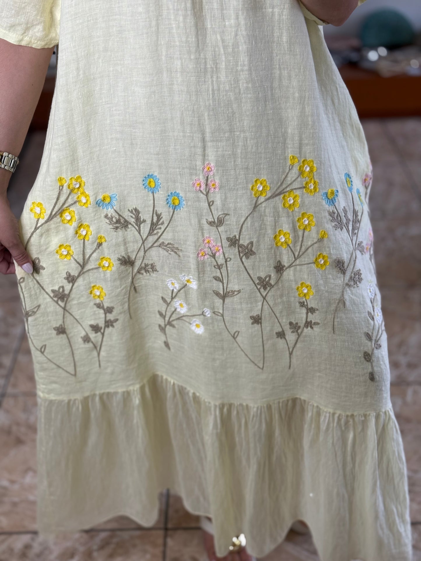 Floral Embroidered OS Linen Dress (NO RETURNS OR EXCHANGE)