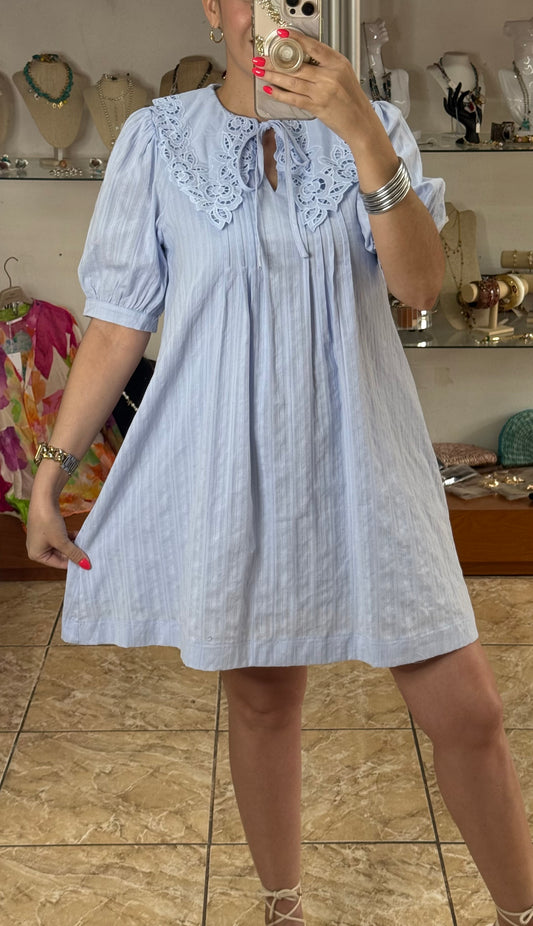 Eyelet Collard Mini Dress (Blue)