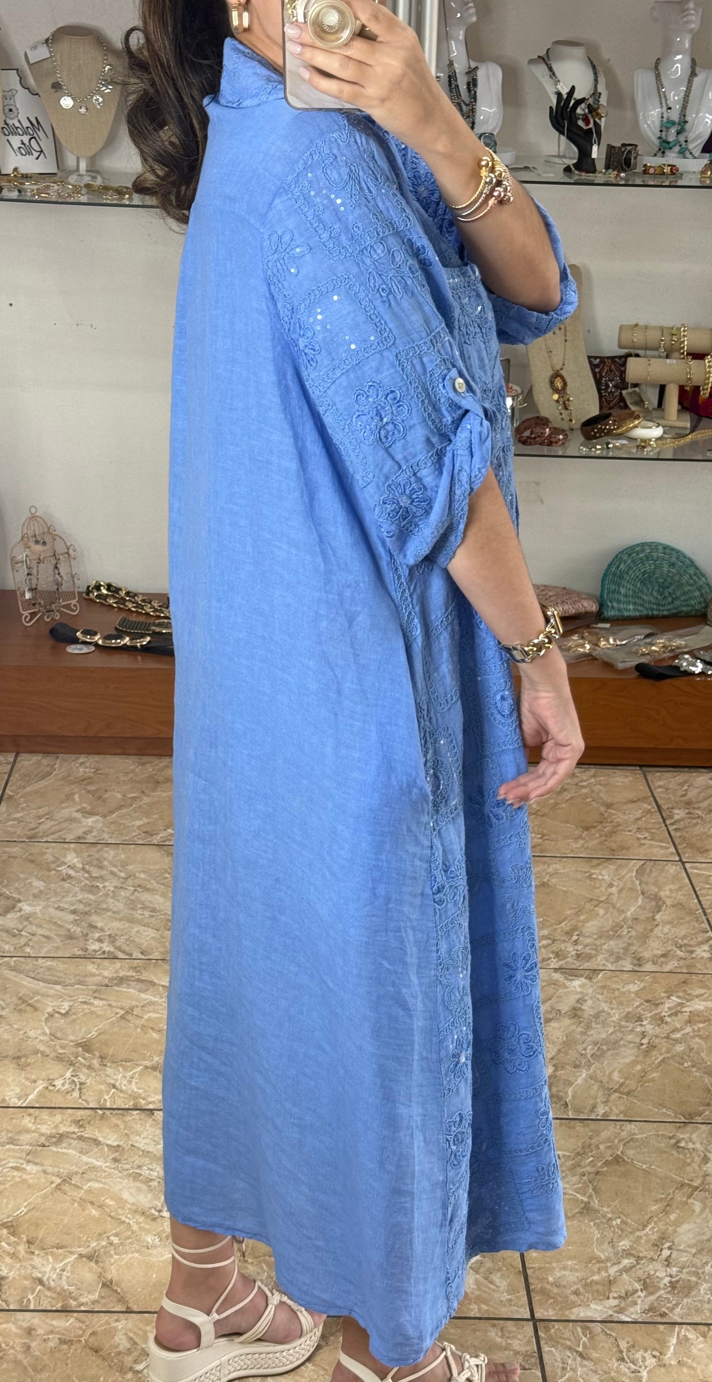 OS Sequins Embroidered Linen Maxi Dress (NO RETURNS OR EXCHANGE)