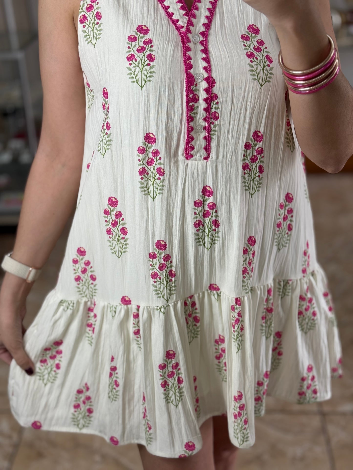 Cream/Pink Floral Mini Dress