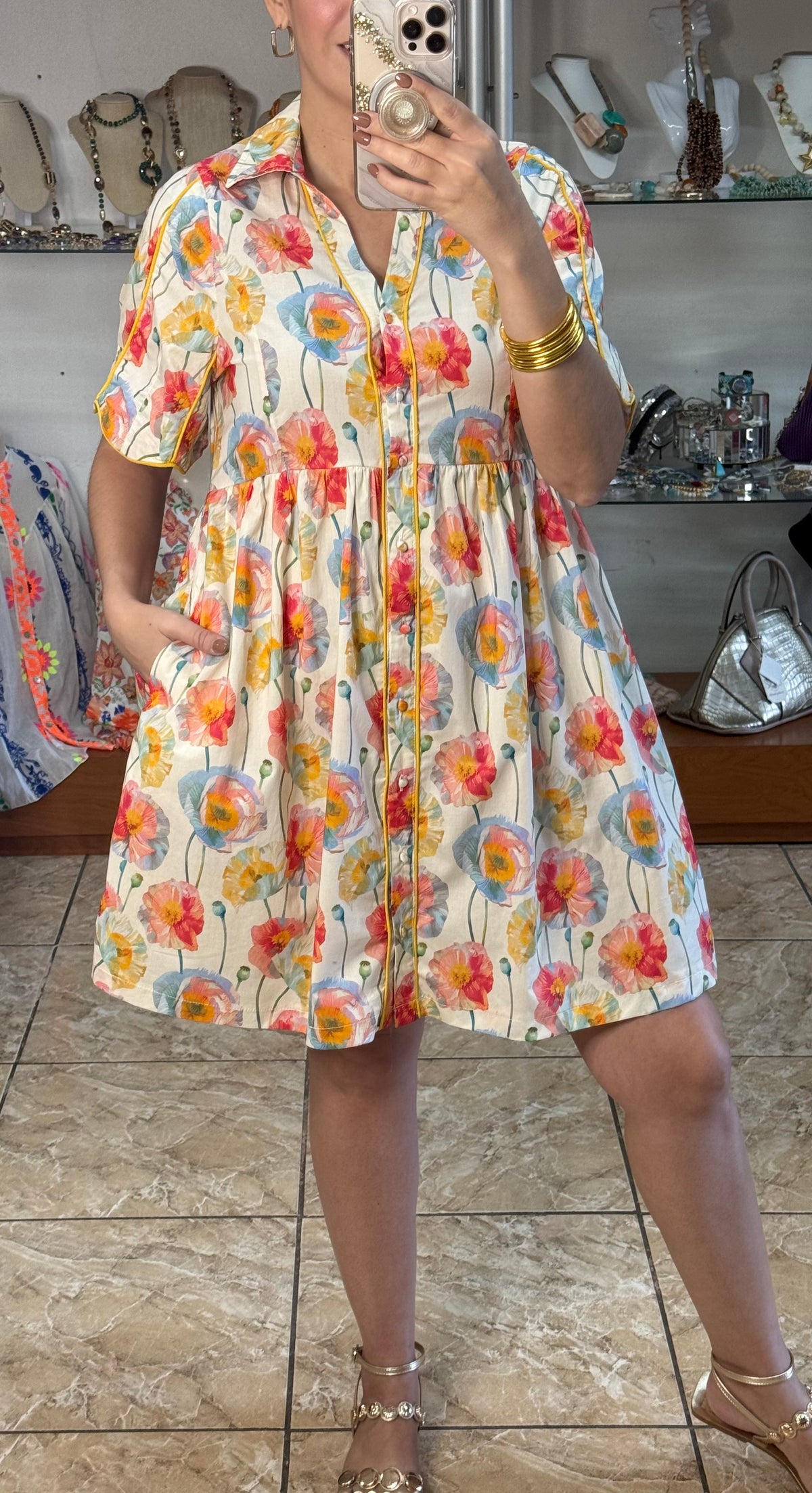 Cream Floral Button Down Babydoll Dress