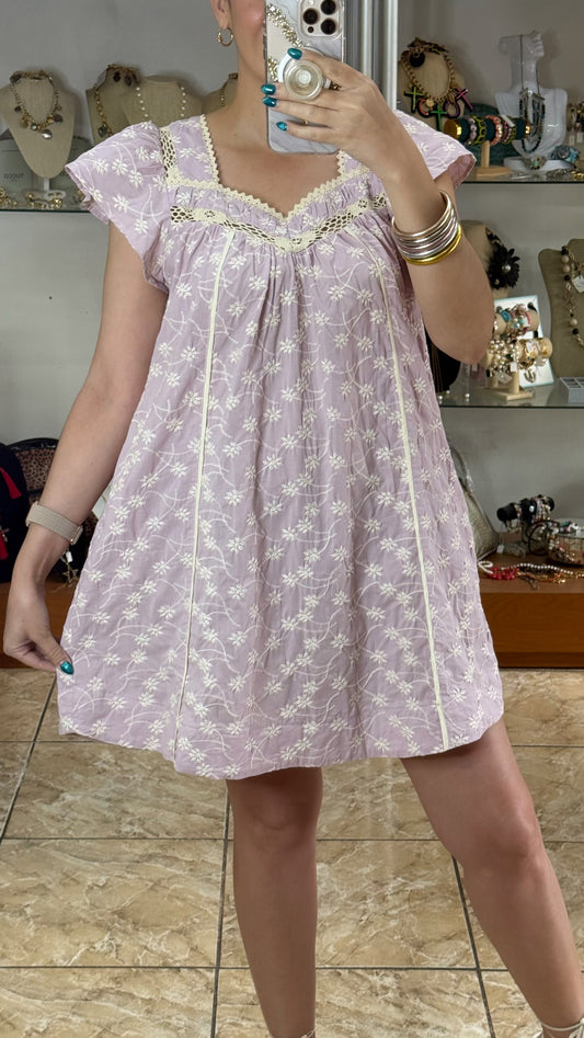 Lilac Floral Embroidered Mini Dress