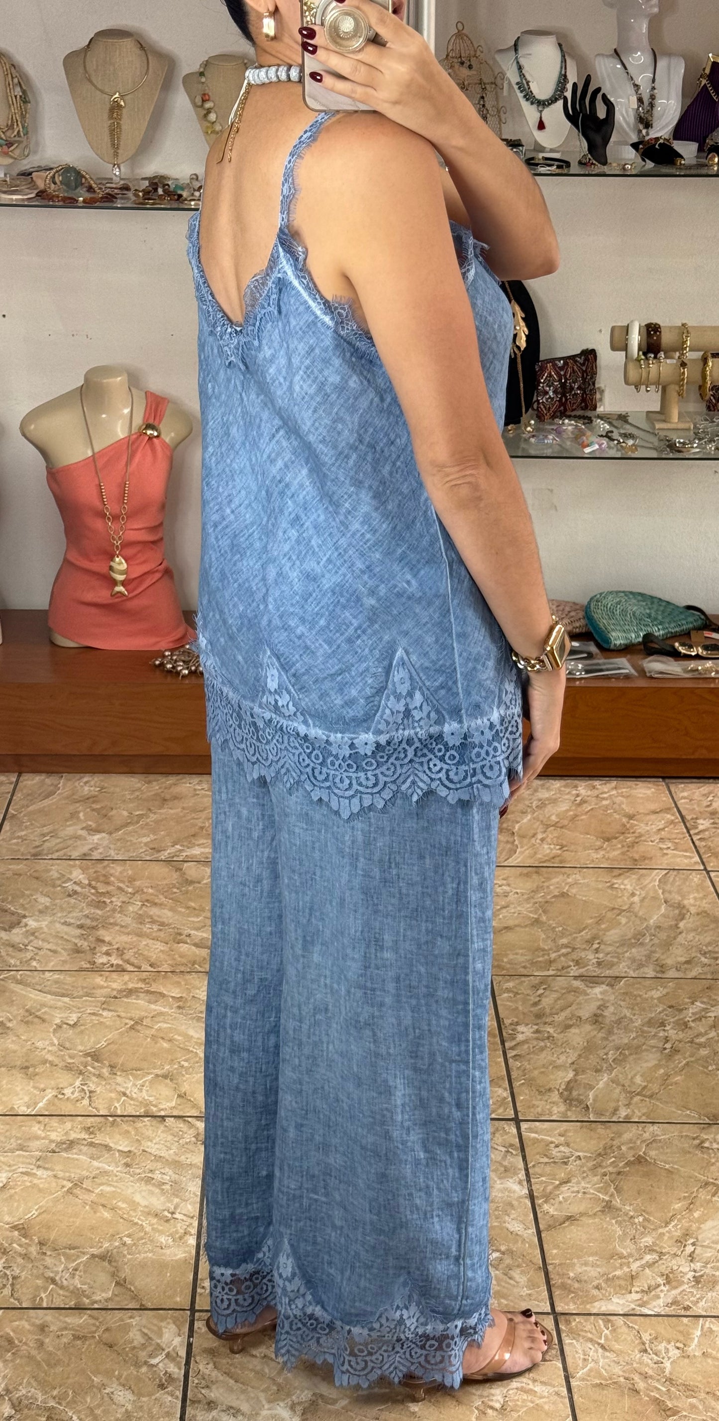 Linen/Lace Top & Pant OS Set (NO RETURNS OR EXCHANGE)