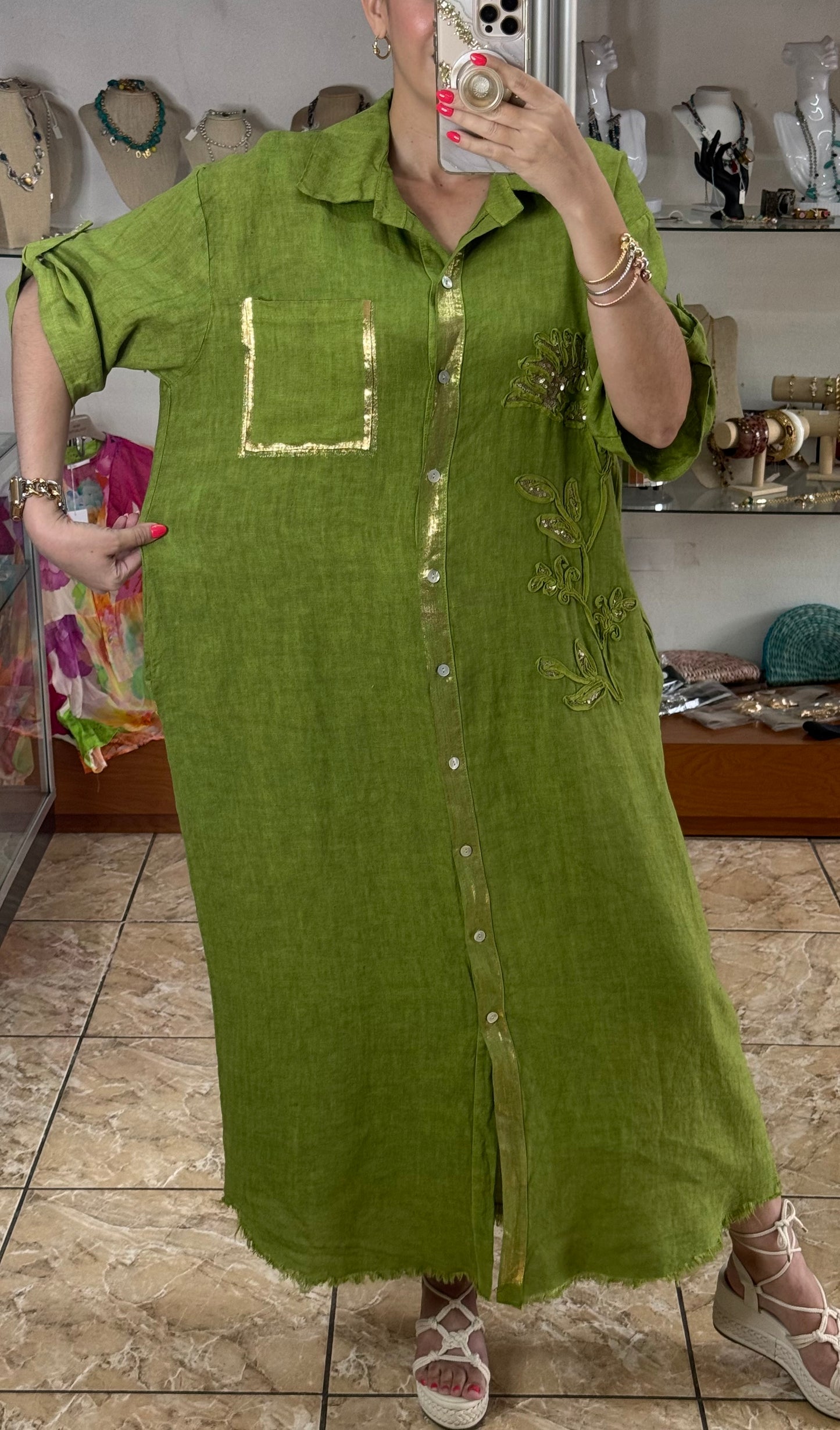 Gold Details Button Down OS Linen Maxi Dress (NO RETURNS OR EXCHANGE)