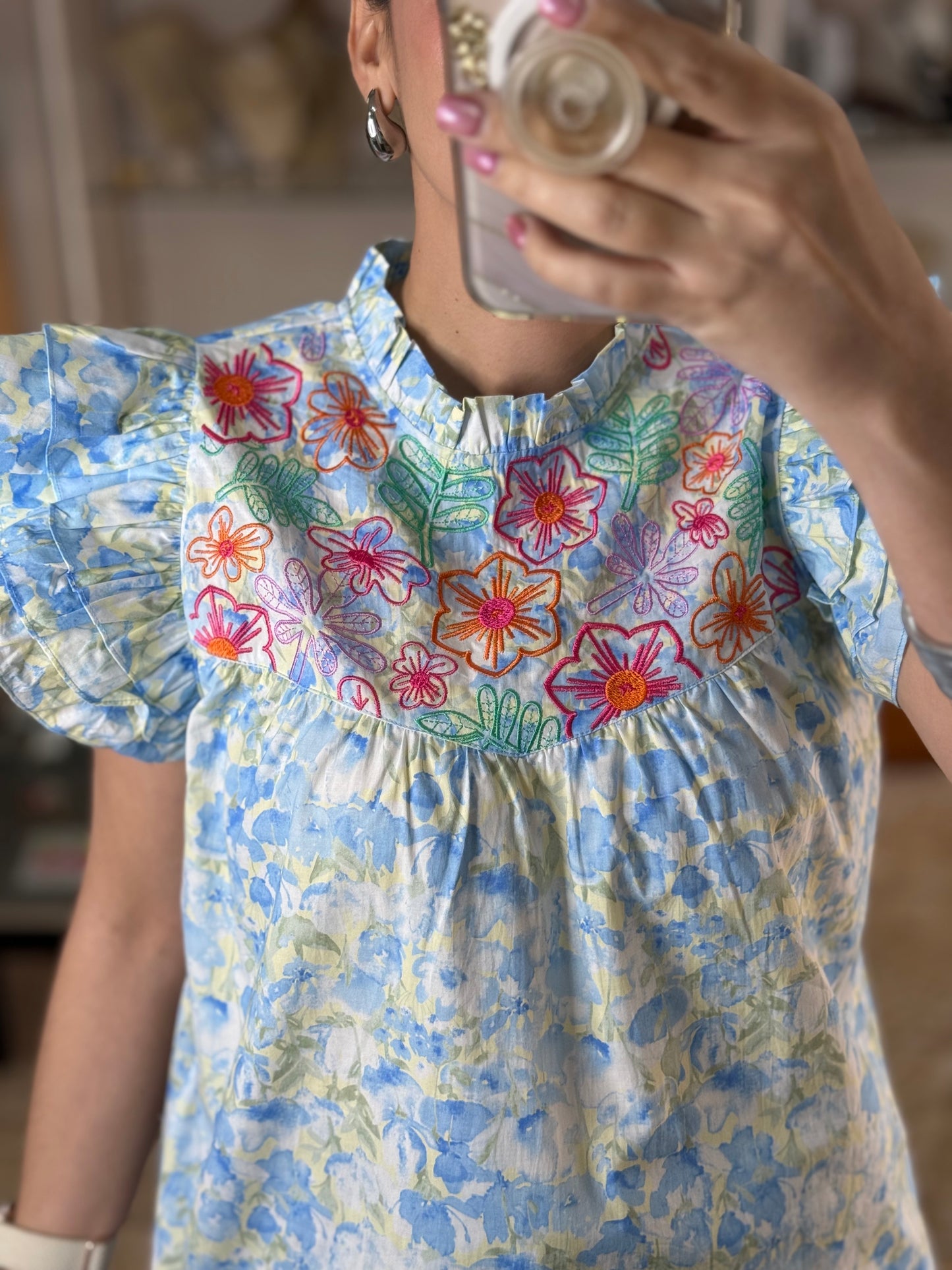 Blue Floral Embroidered Top