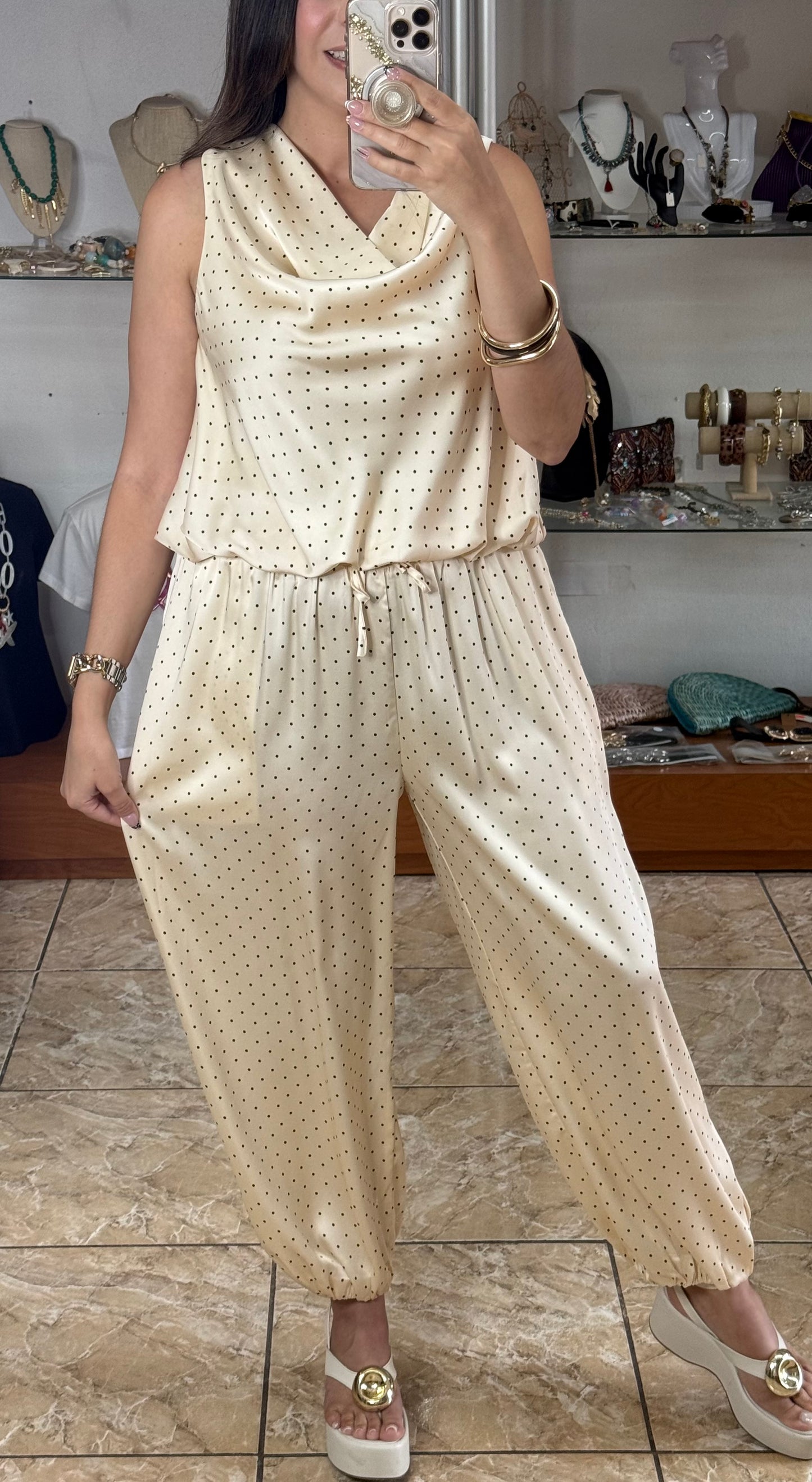 Ecru Polkadot Satin Top & Pant Set