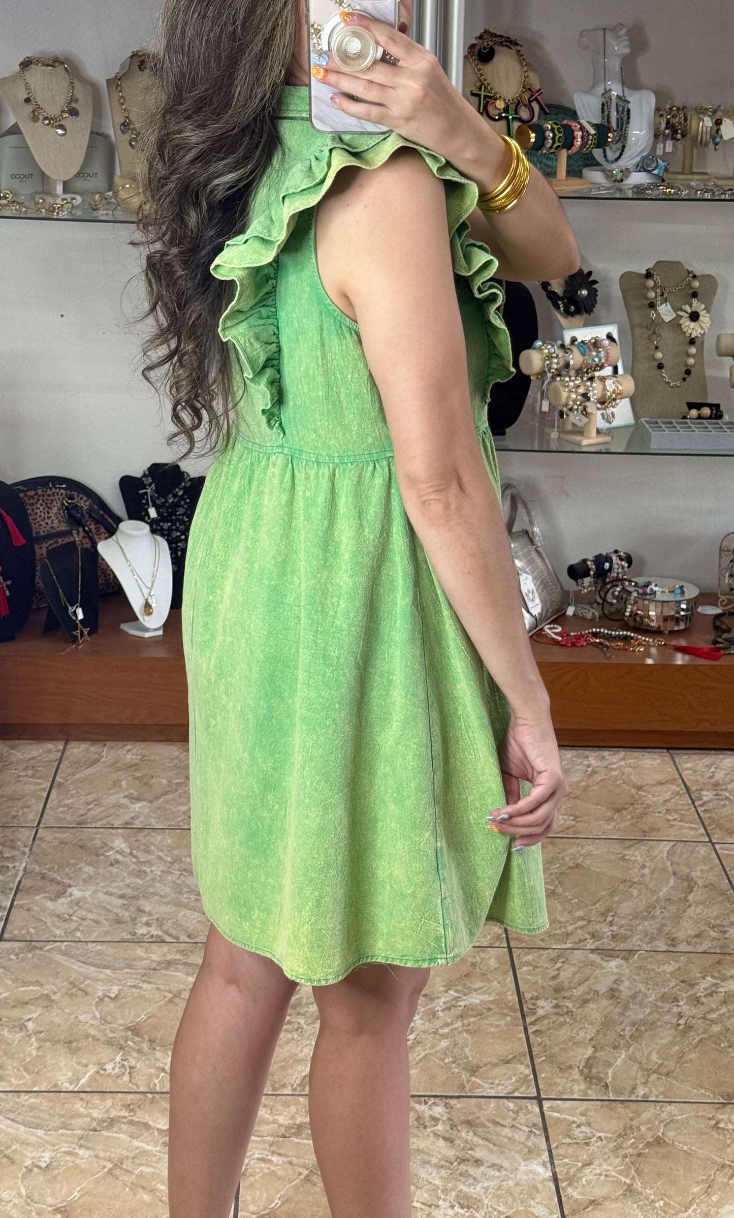 Green Ruffled Button Down Dress