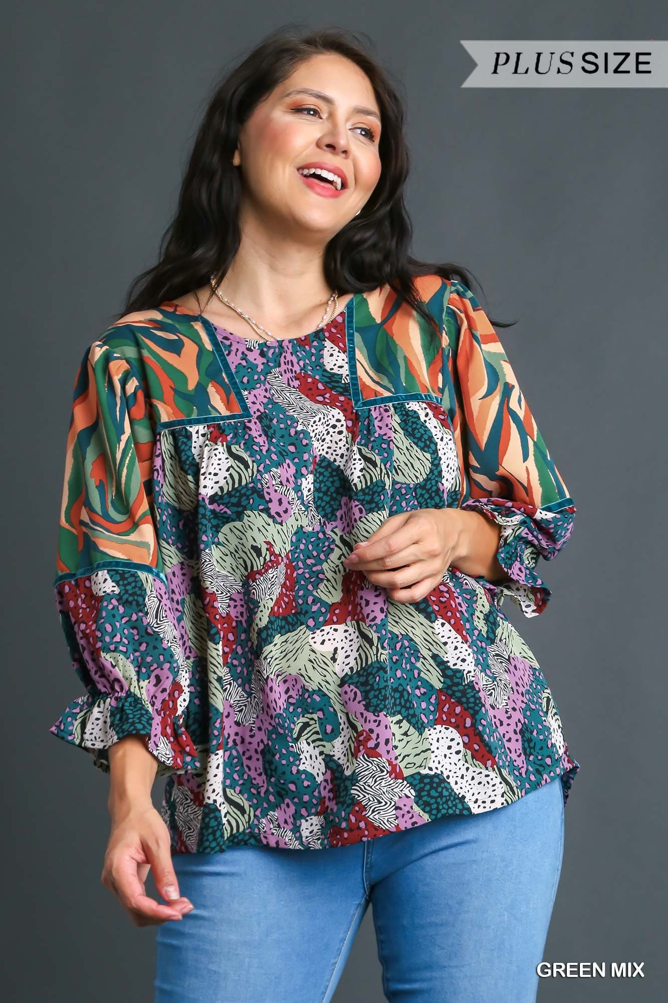 Green Mix Abstract Print Top (PLUS)