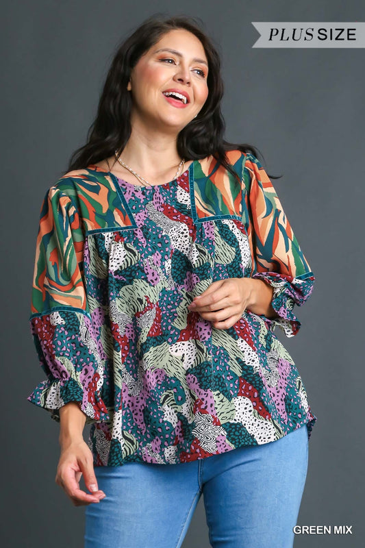 Green Mix Abstract Print Top (PLUS)