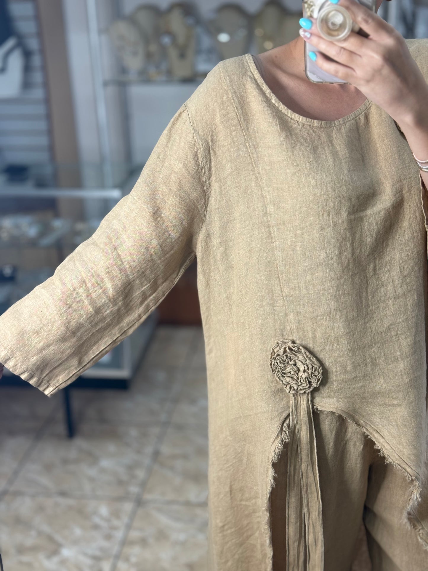 Camel OS Asymmetrical Top and Pant Linen Set (NO RETURNS OR EXCHANGE)