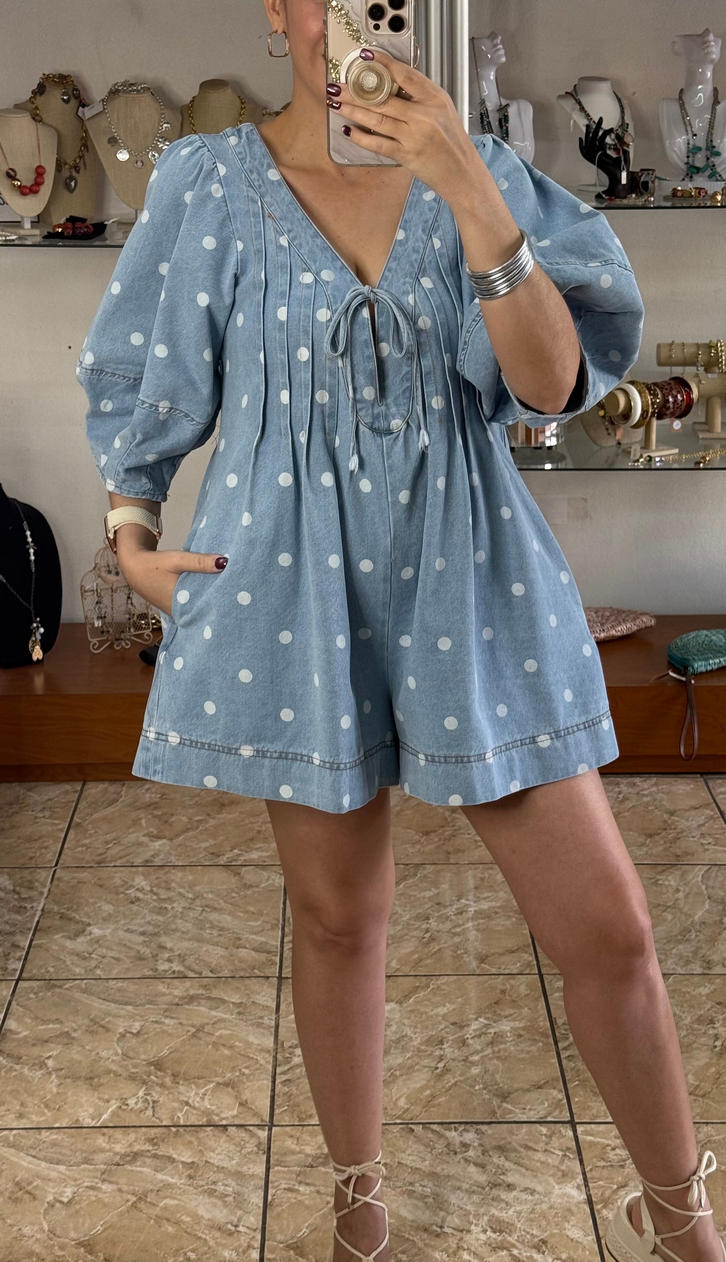 Polkadots Denim Romper