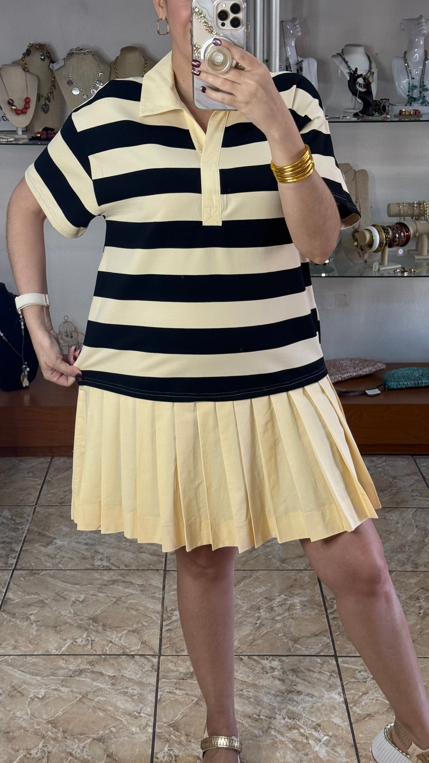Striped Polo Pleated Mini Dress (Reg & Plus)