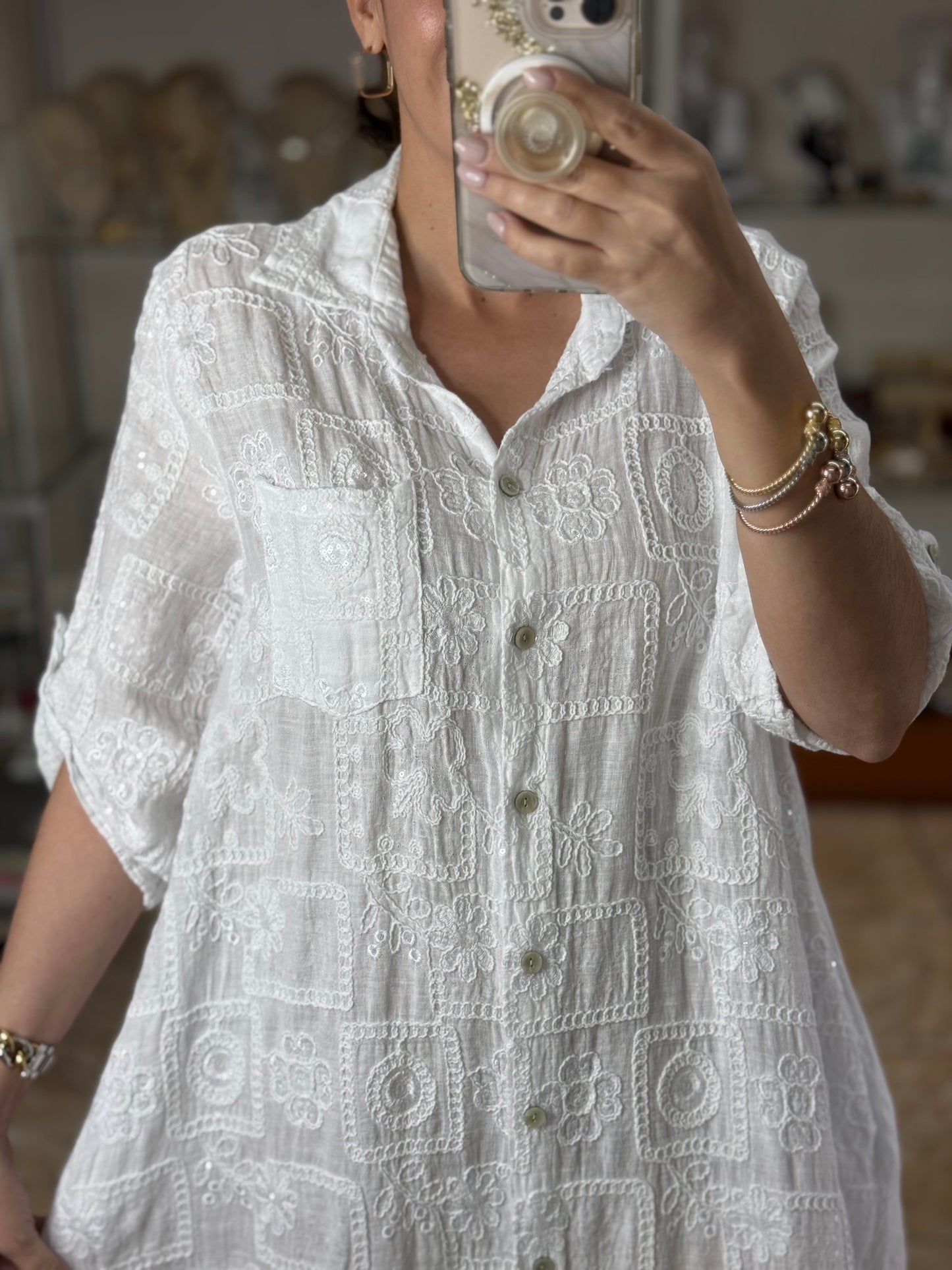 OS Sequins Embroidered Linen Maxi Dress (NO RETURNS OR EXCHANGE)