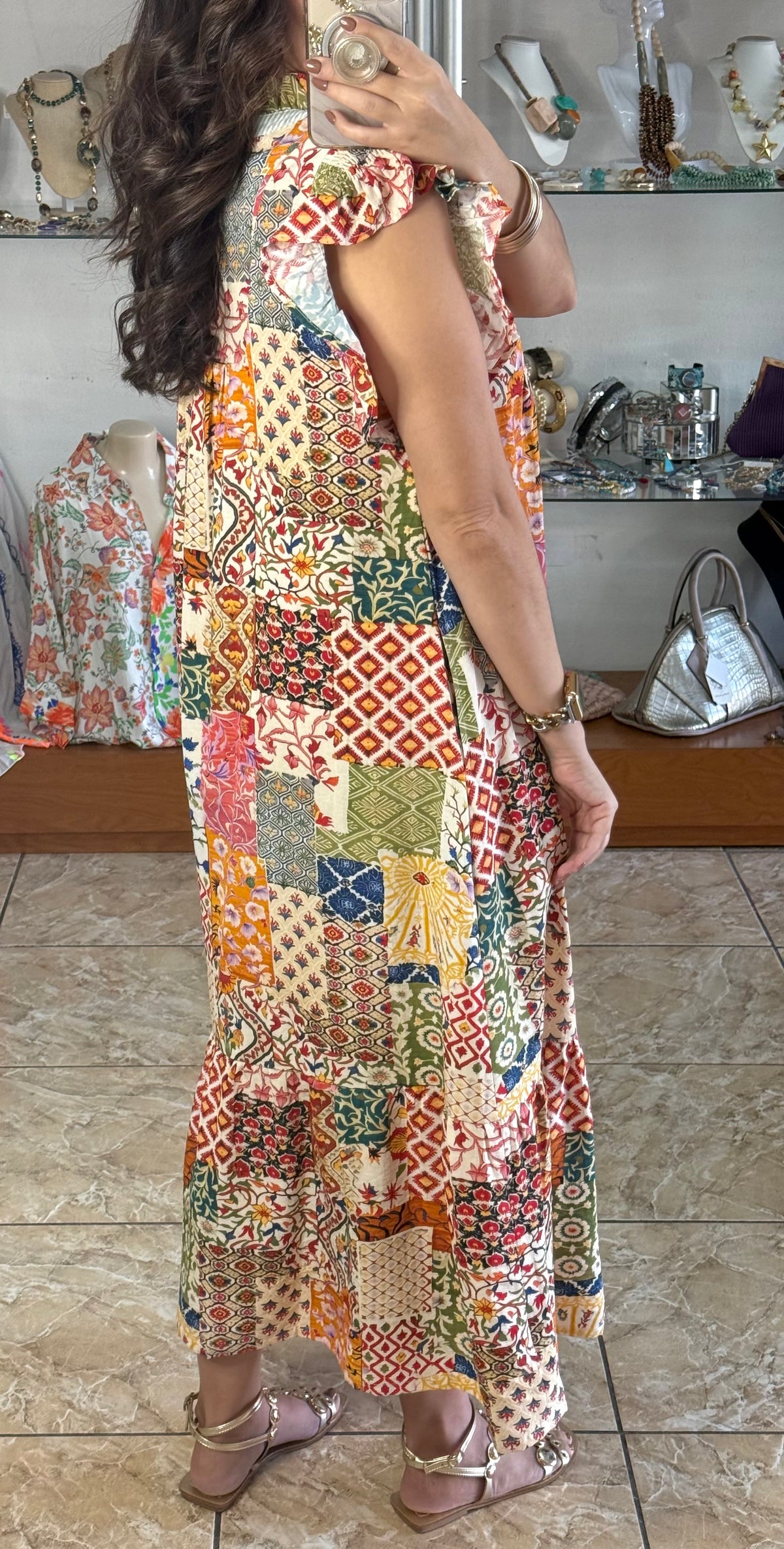 Patchwork Print Ruffle Sleeve Tiered Midi Dress