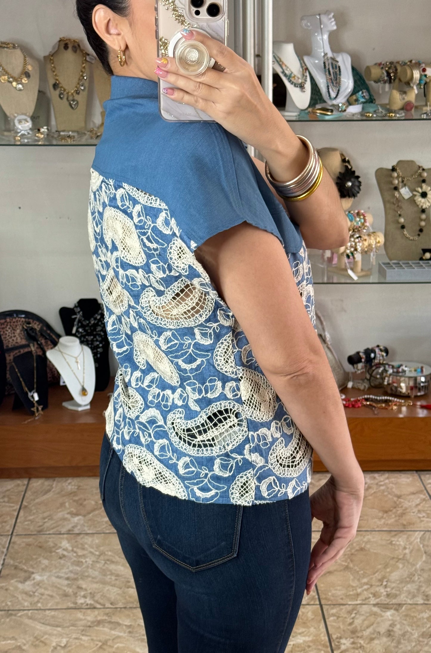 Denim/Crochet Paisley Top