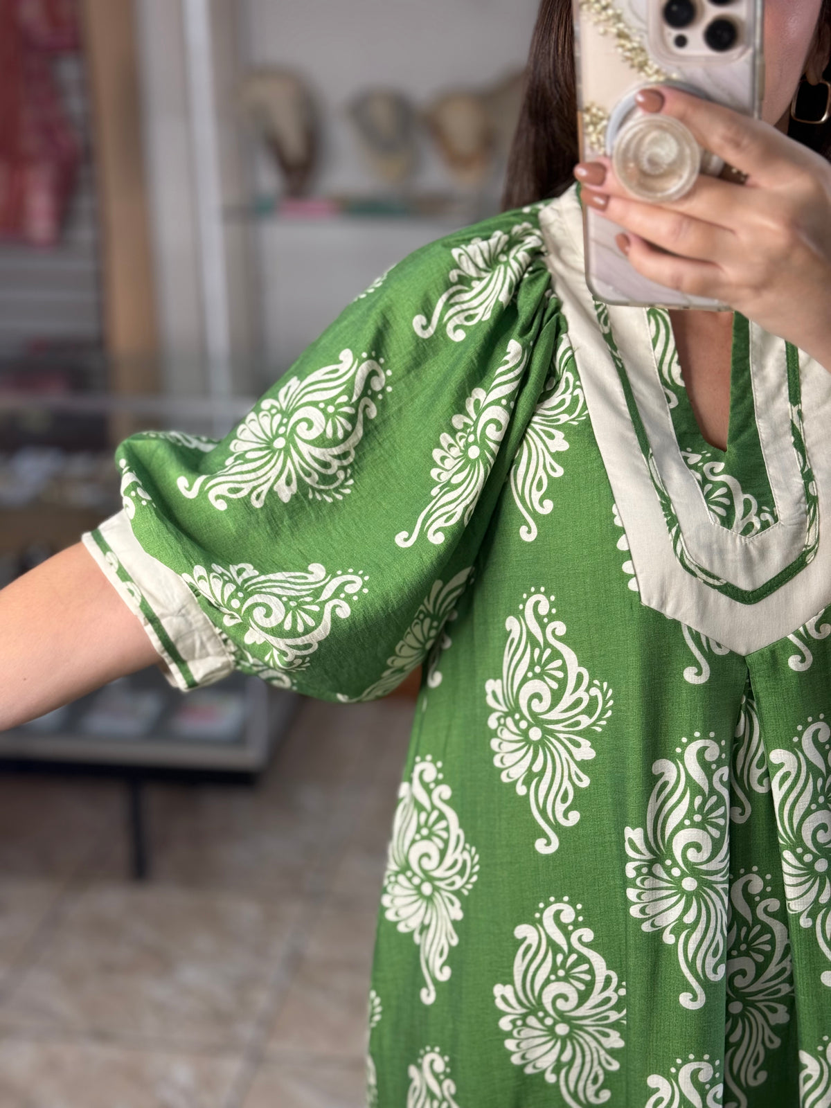 Green Abstract Print Midi Dress