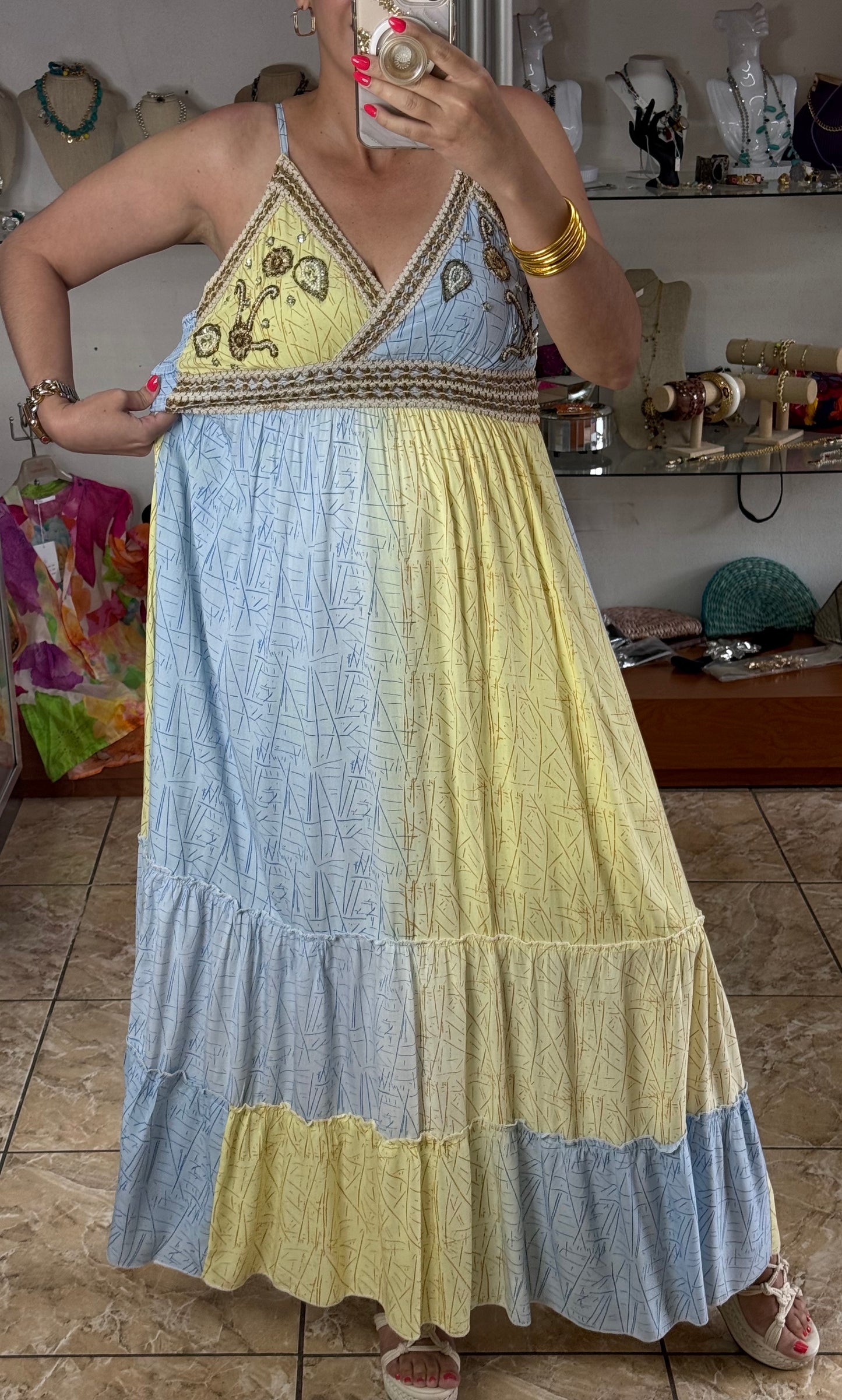 Blue/Yellow OS Maxi Boho Dress (NO RETURNS OR EXCHANGE)