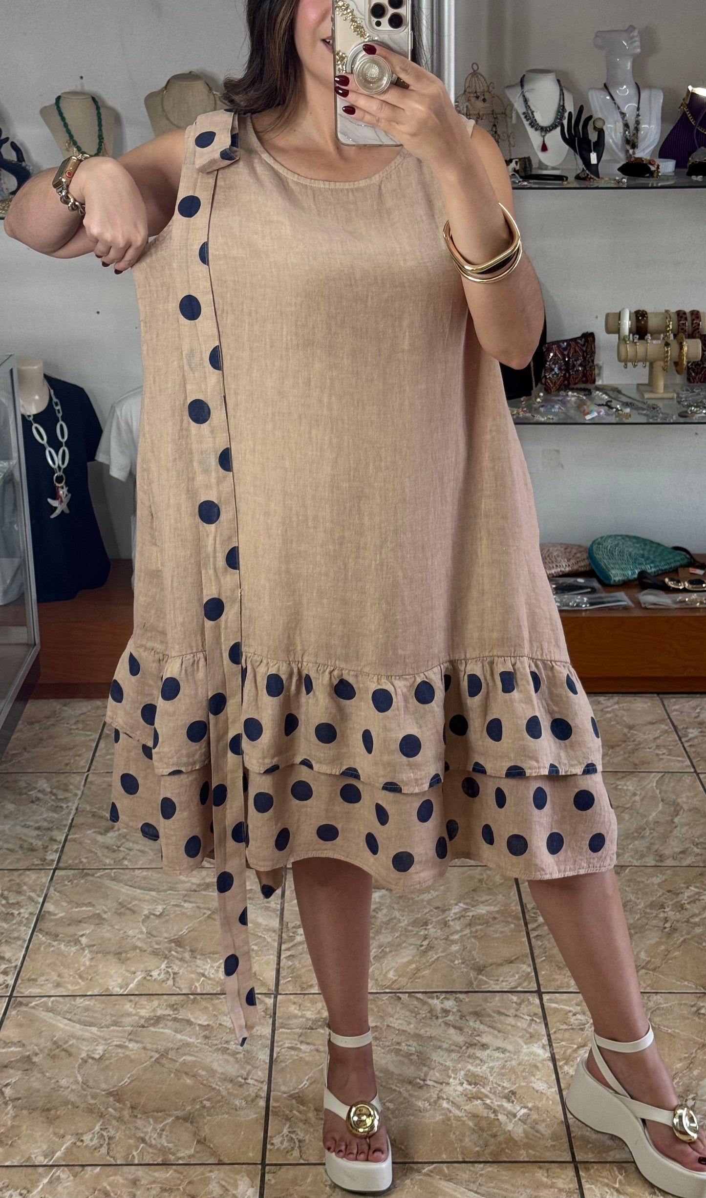 Navy Polkadots OS Linen Short Dress (NO RETURNS OR EXCHANGE)