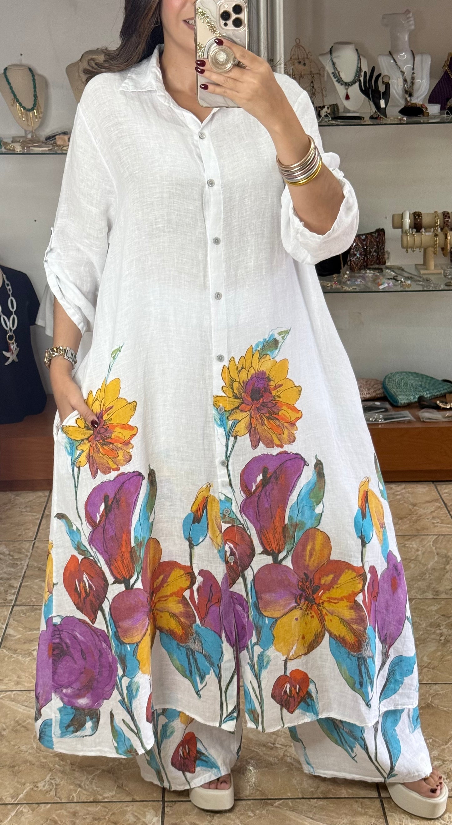 OS Shirt Dress & Pant Floral Linen Set (NO RETURNS OR EXCHANGE)