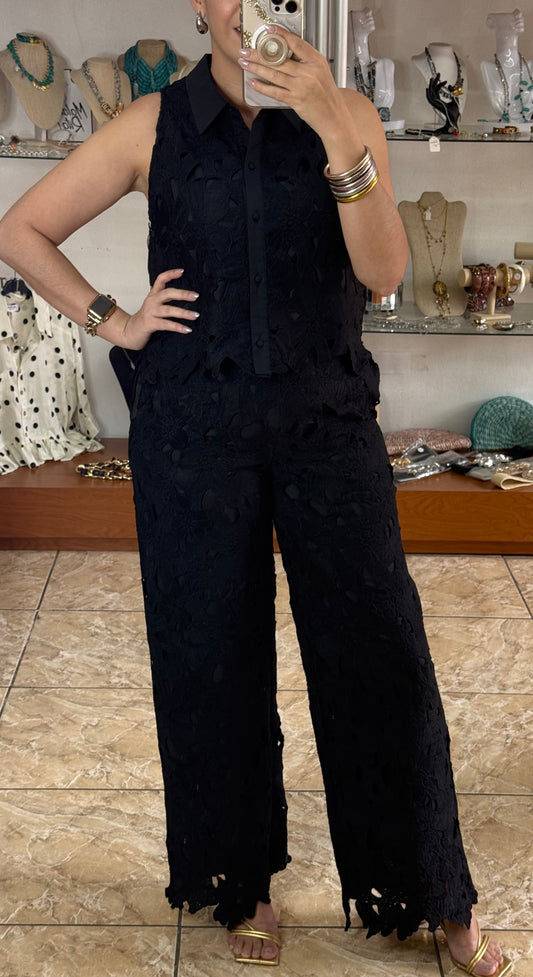 Black Lace Top and Pant Set