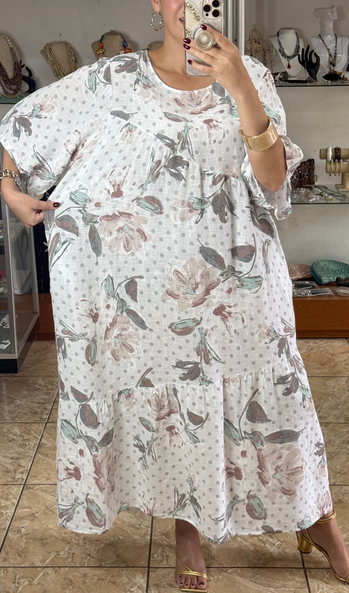 OS Floral/Polkadots Linen Dress (NO RETURNS OR EXCHANGE)