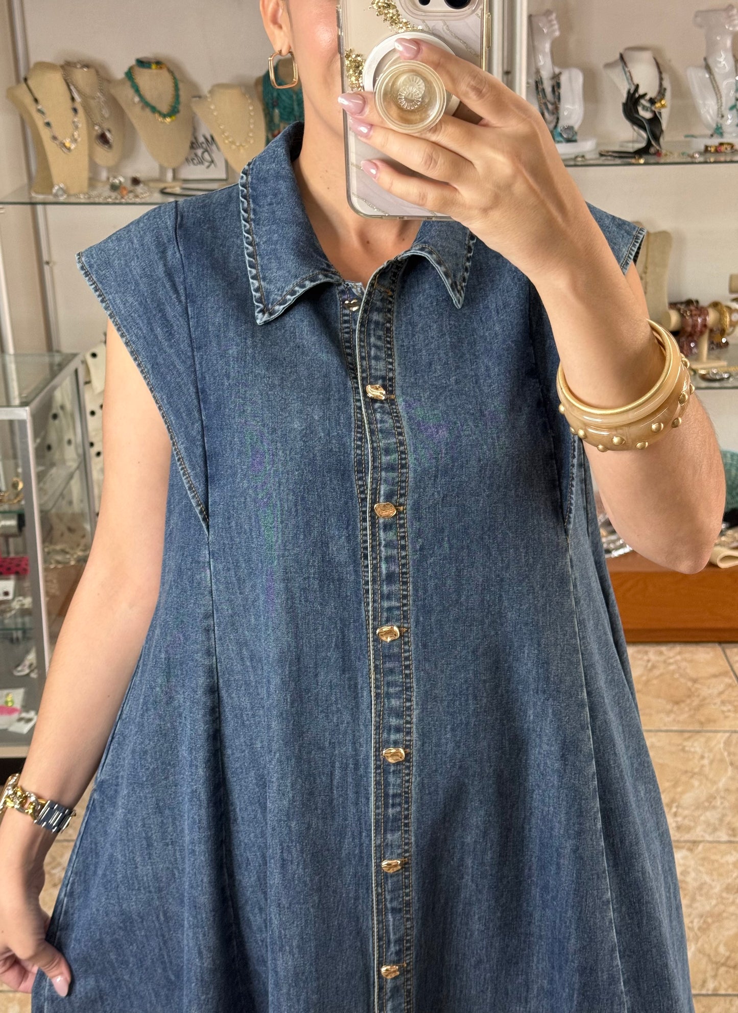 Gold Buttons Denim Maxi Dress