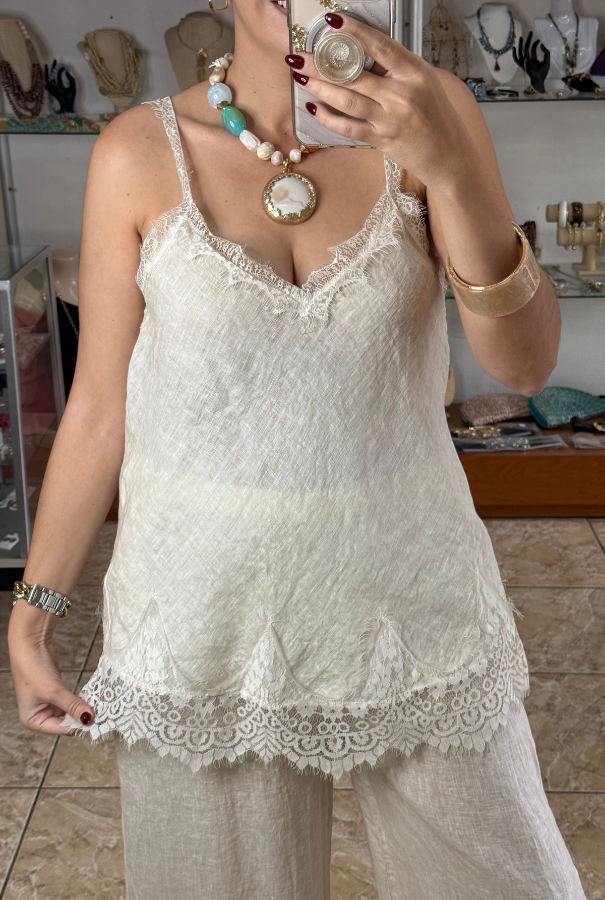 Linen/Lace Top & Pant OS Set (NO RETURNS OR EXCHANGE)