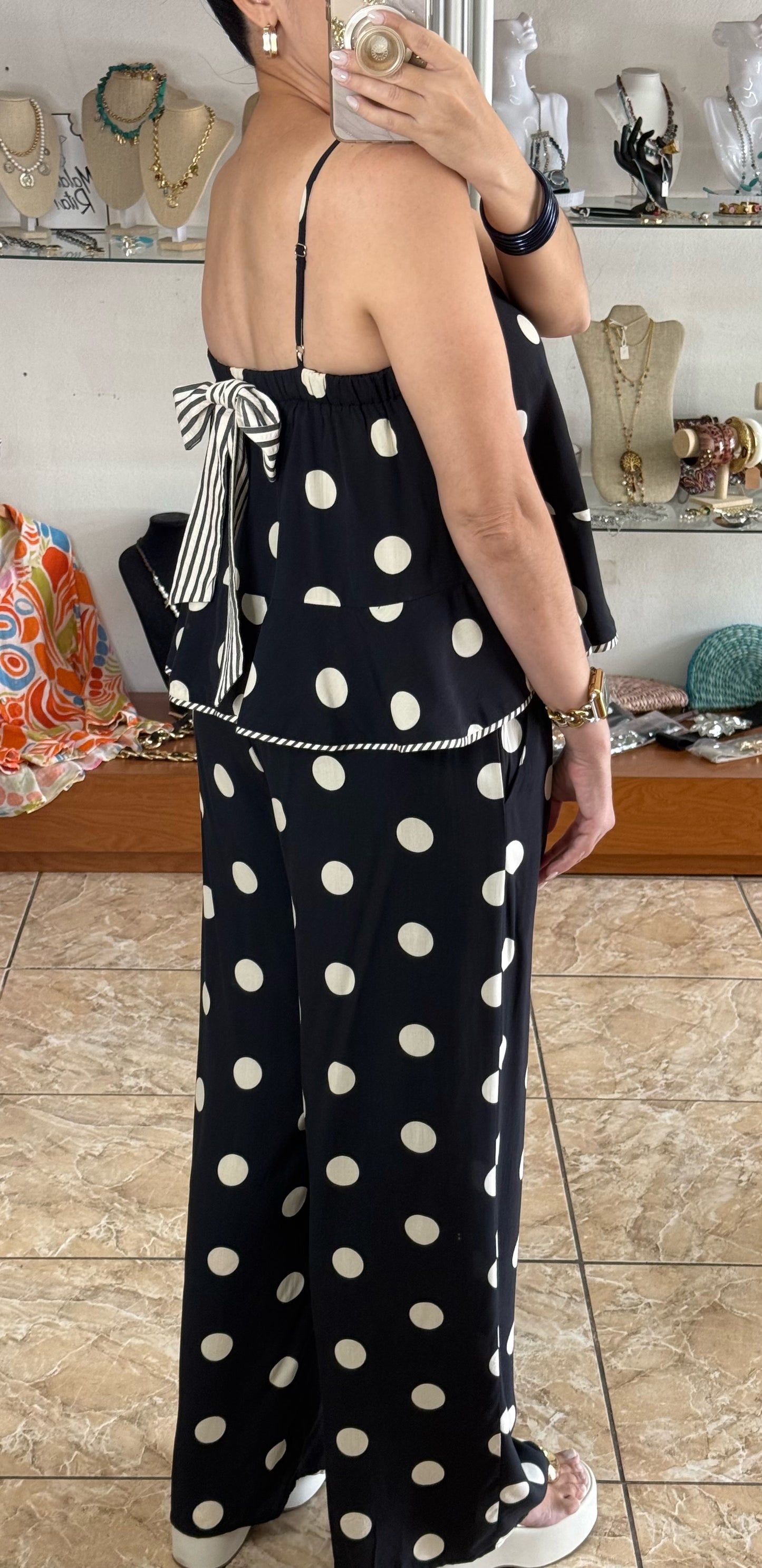 Black/Beige Polkadots Pant Set